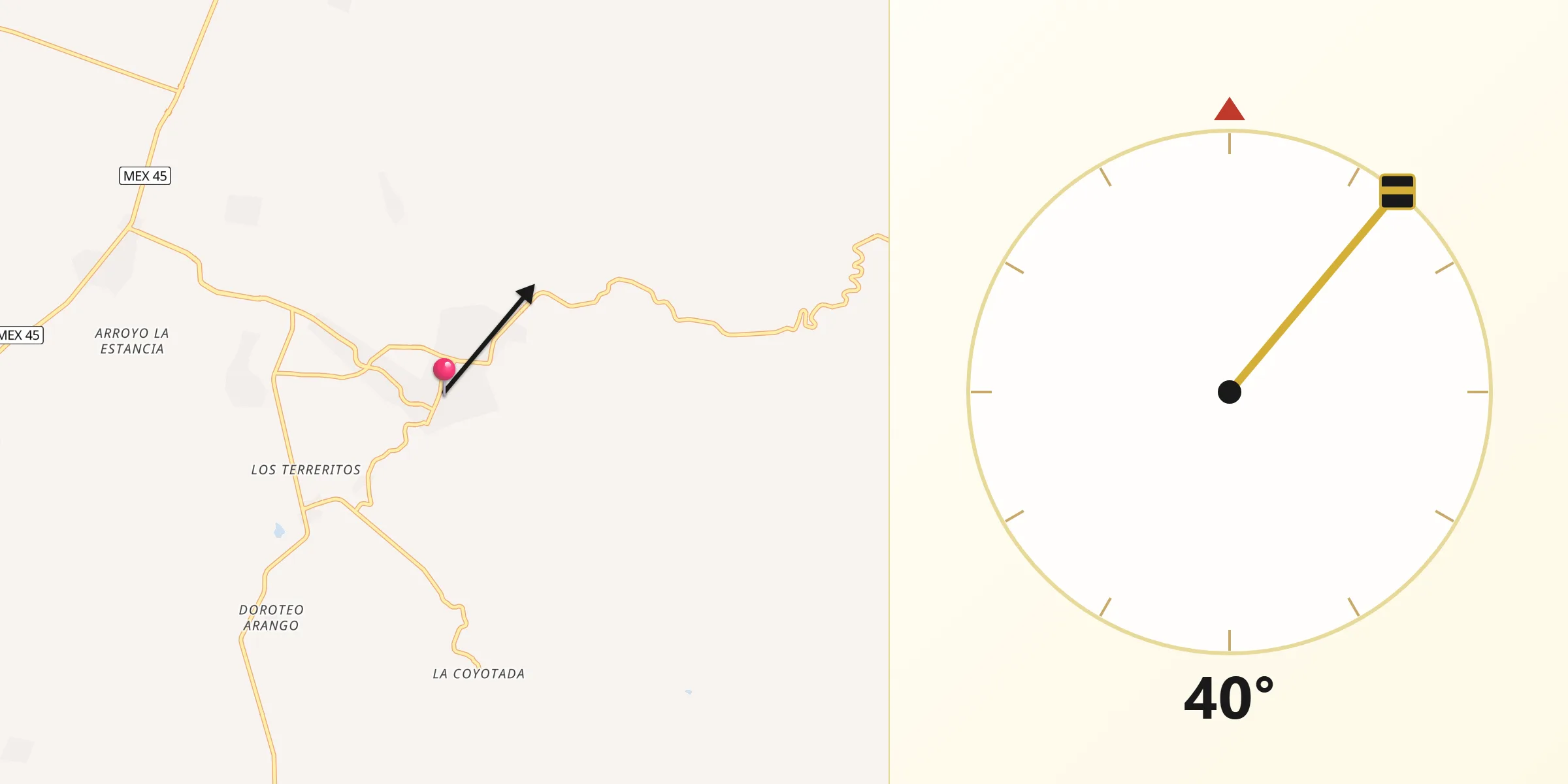 Dirección de la Qibla desde San Juan del Rio del Centauro del Norte