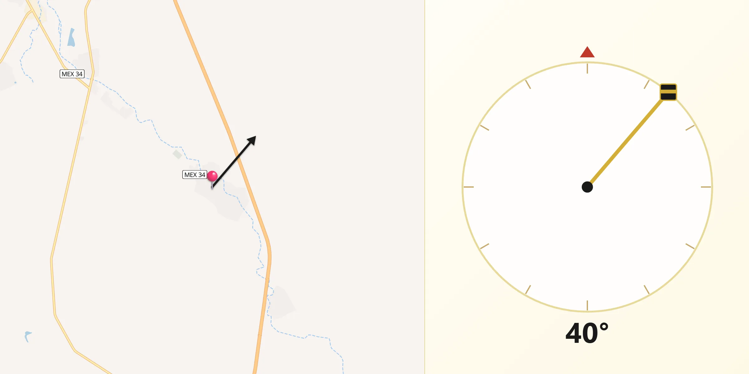 Dirección de la Qibla desde Velardeña