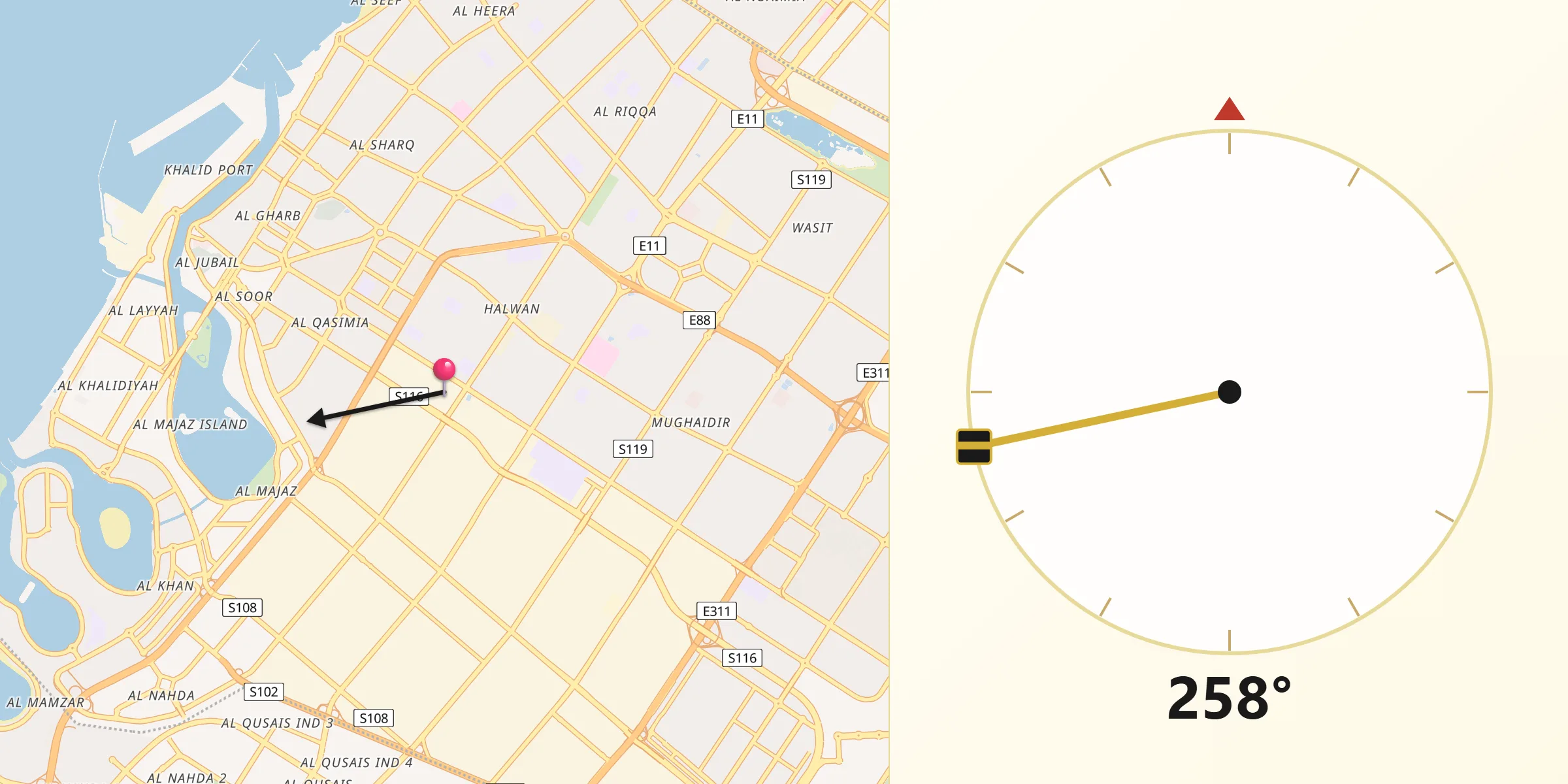 Qibla Direction from Sharjah city