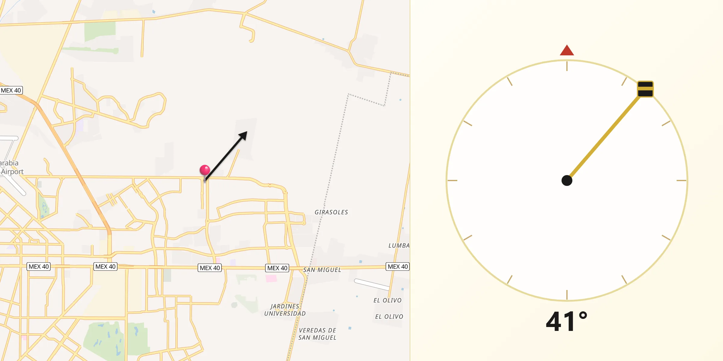 Dirección de la Qibla desde Fraccionamiento la Noria