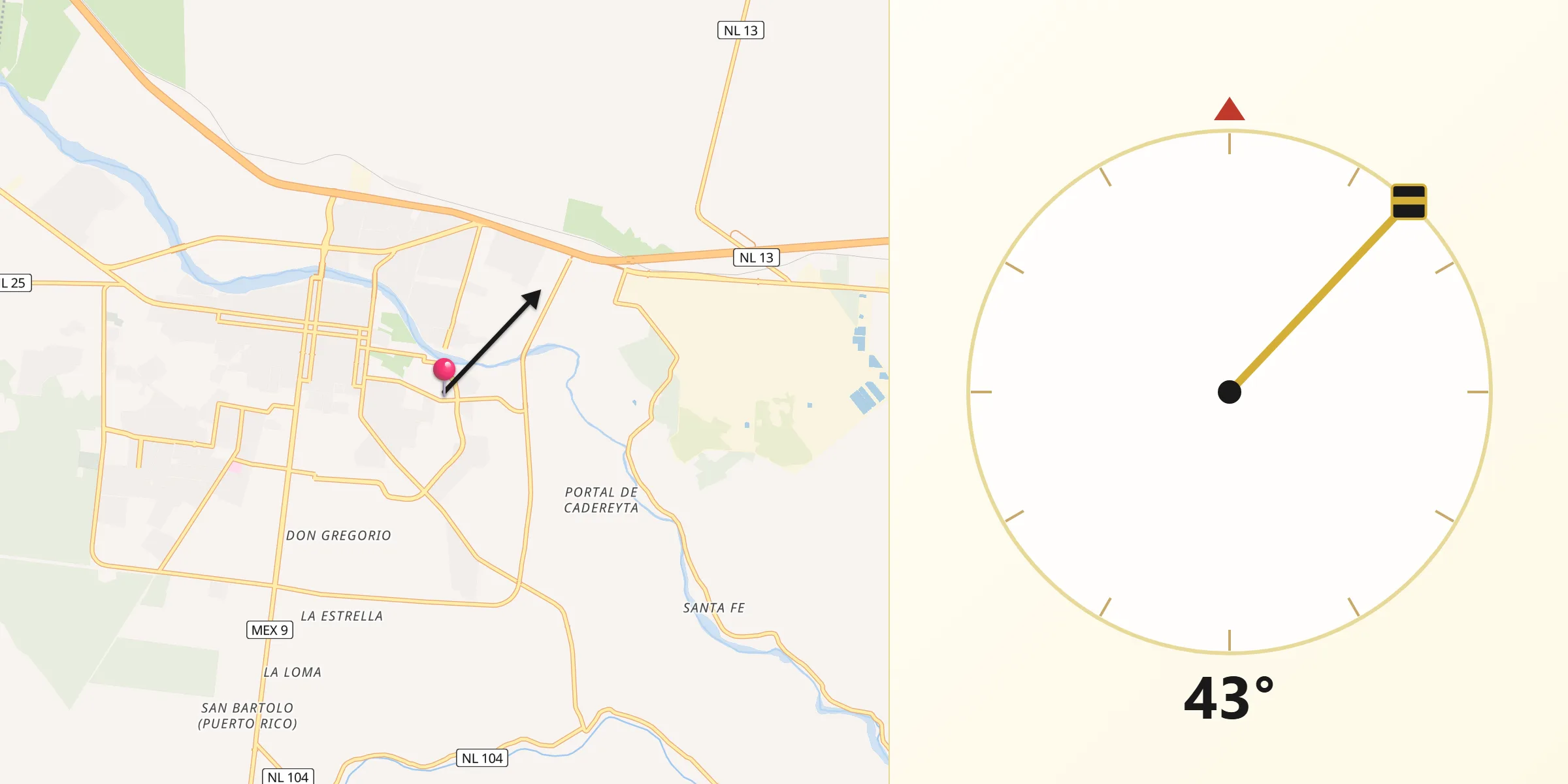 Dirección de la Qibla desde Cadereyta