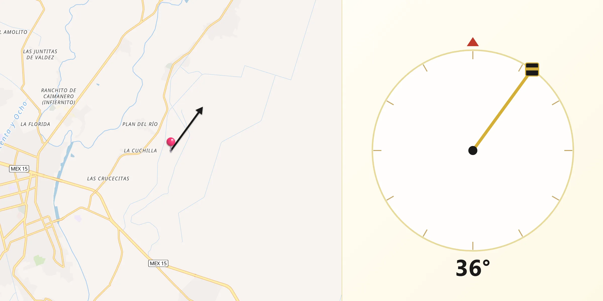 Dirección de la Qibla desde Ranchito de Castro