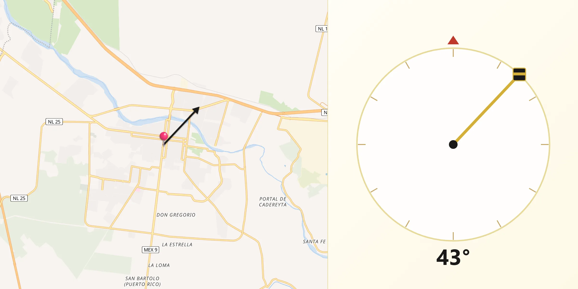 Dirección de la Qibla desde Cadereyta Jiménez