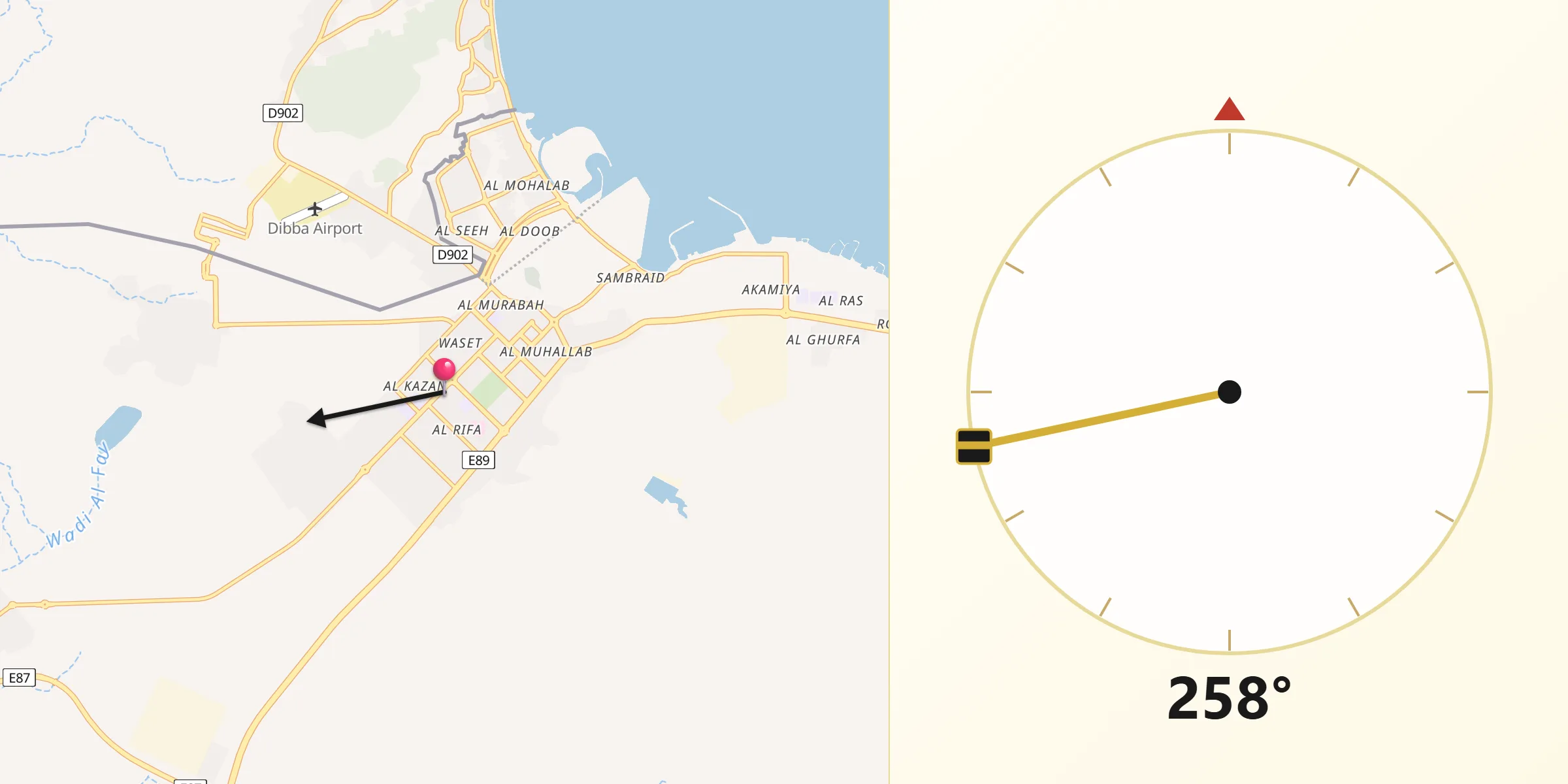Direction vers la Qibla depuis Dibba Al-Fujairah