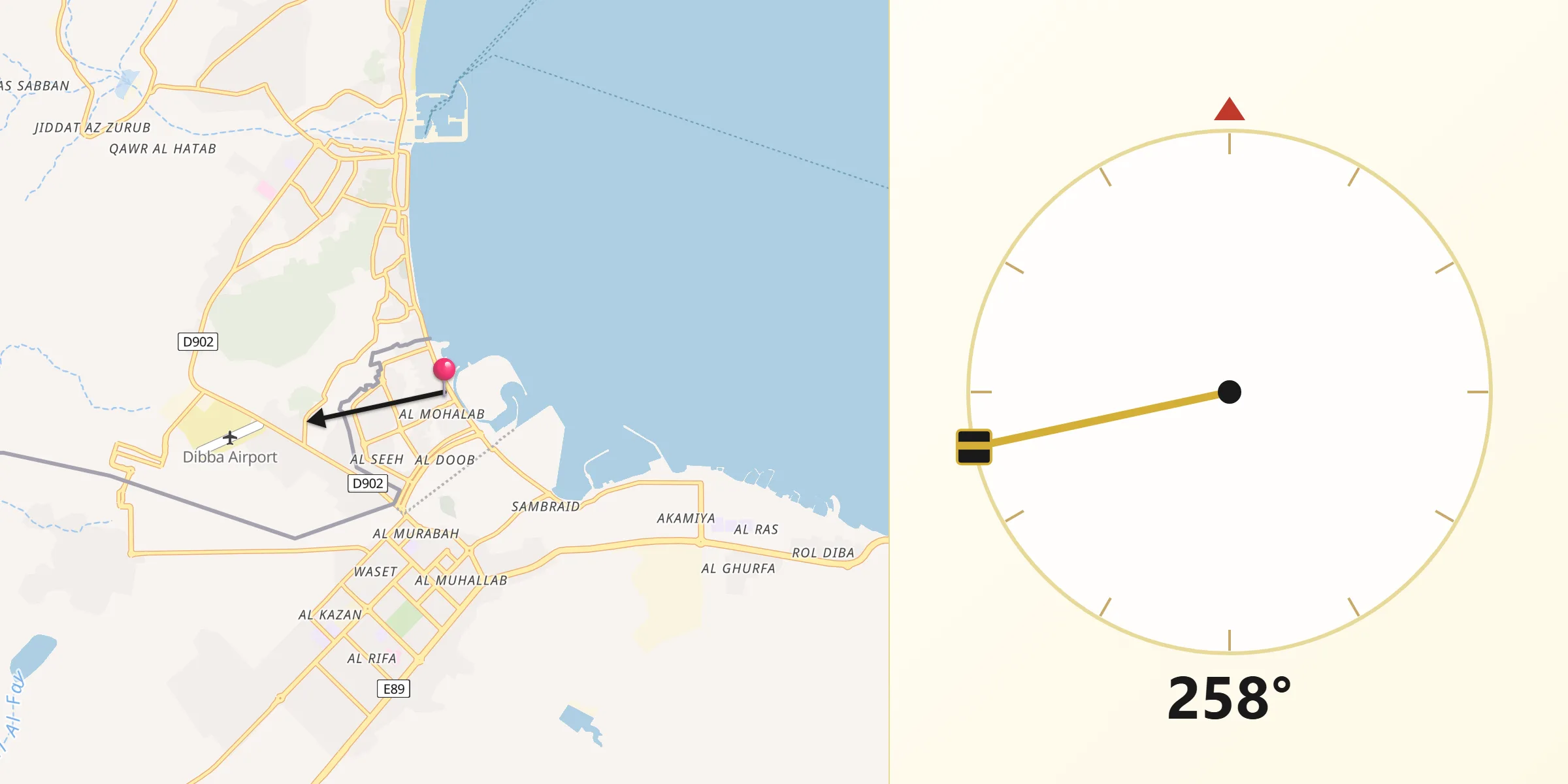 Direction vers la Qibla depuis Dibba Al-Hisn
