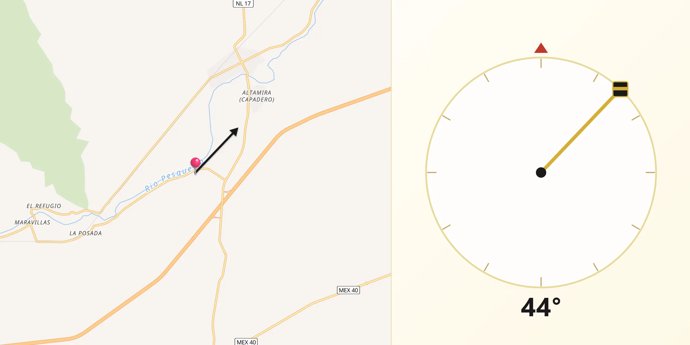 Dirección de la Qibla desde Los Dos Ríos