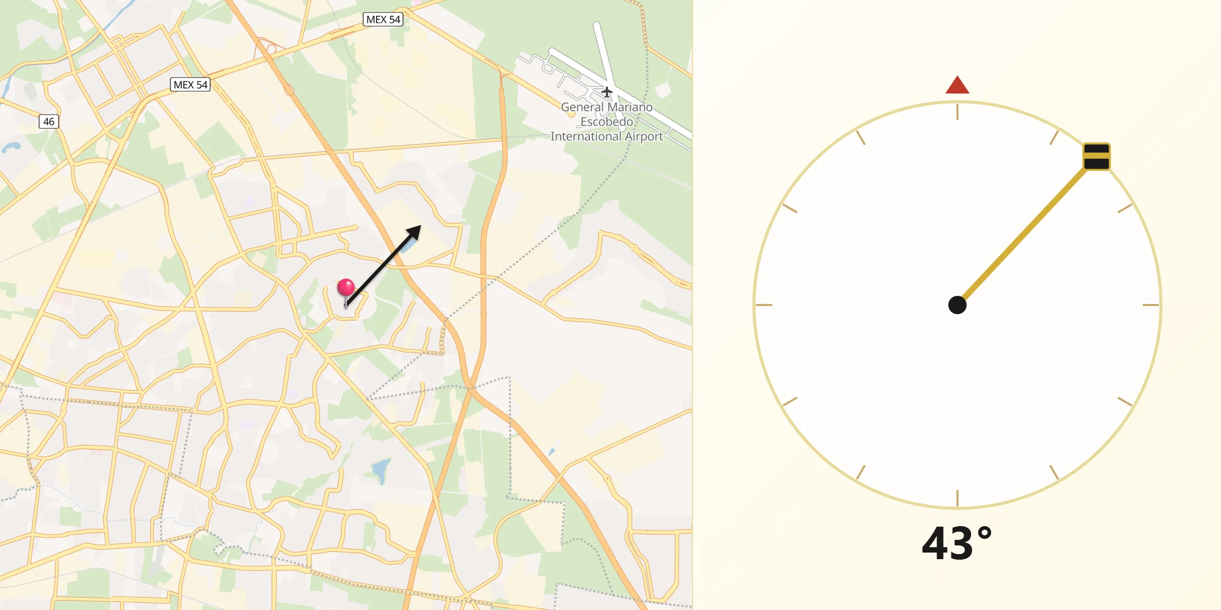 Dirección de la Qibla desde Fraccionamiento Misión de San Javier