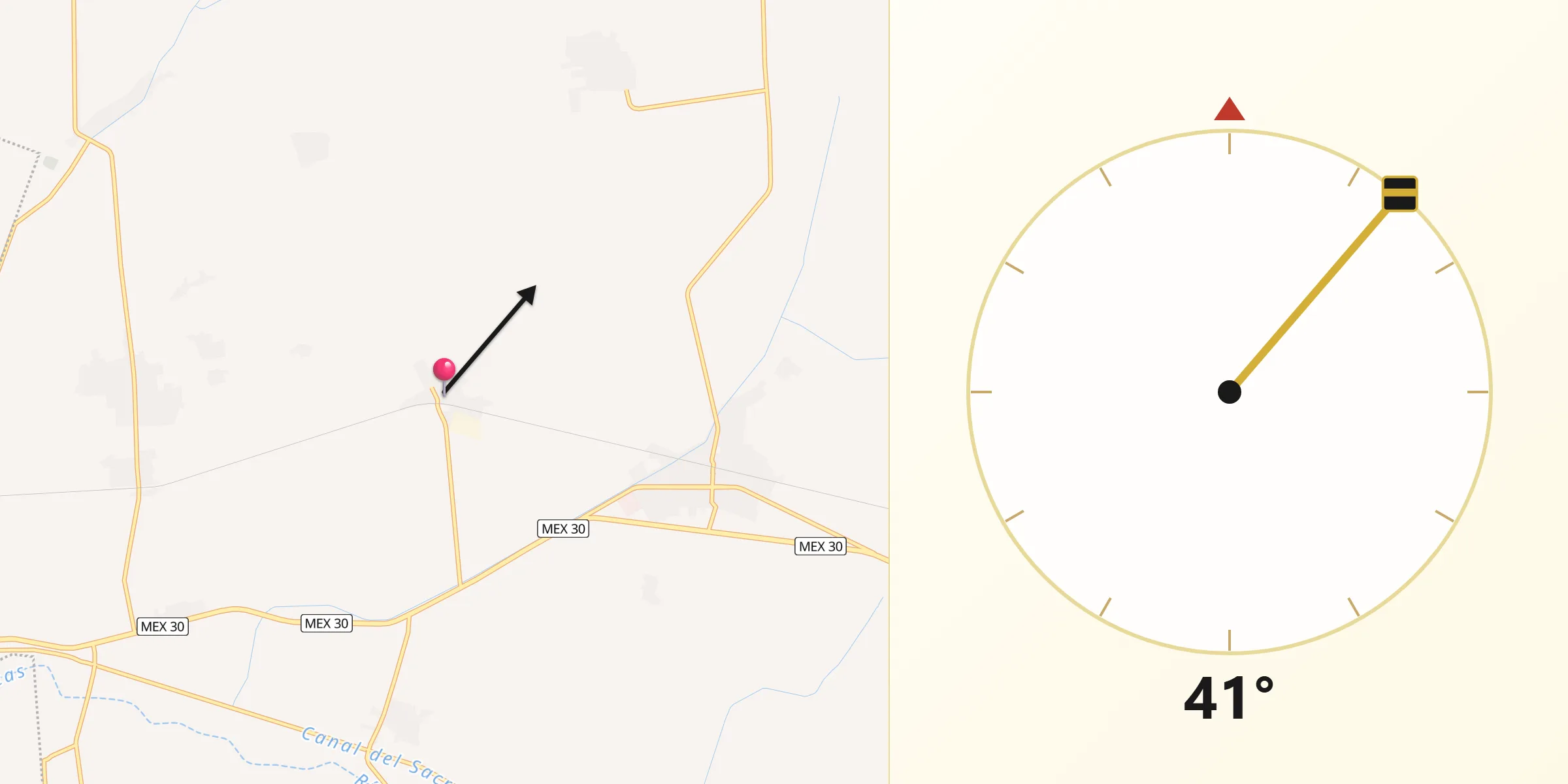 Dirección de la Qibla desde Veinte de Noviembre (Santa Lucía)