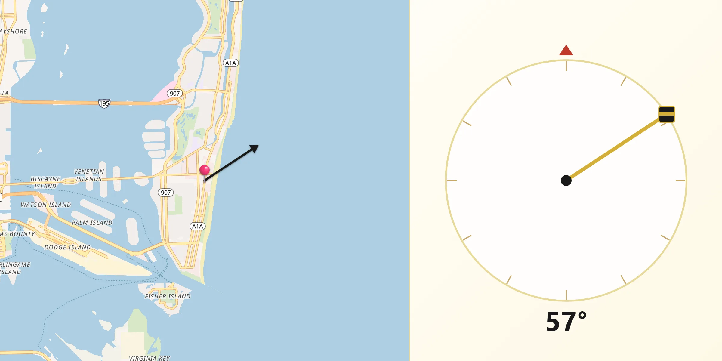 Qibla Direction from Miami Beach