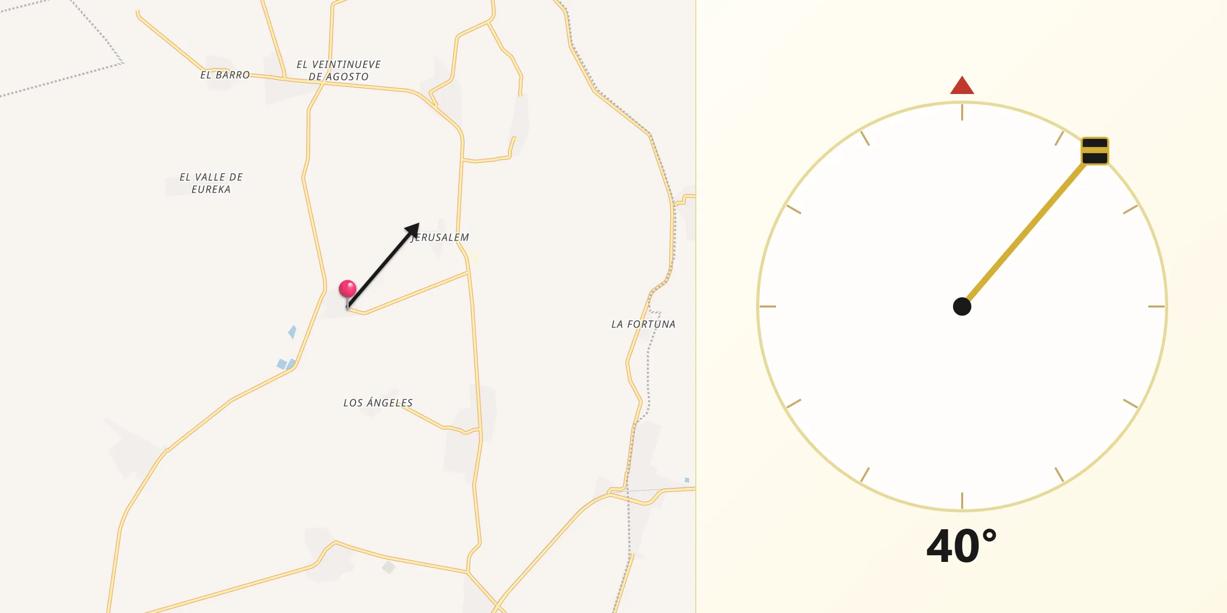 Dirección de la Qibla desde Eureka de Media Luna (Eureka)