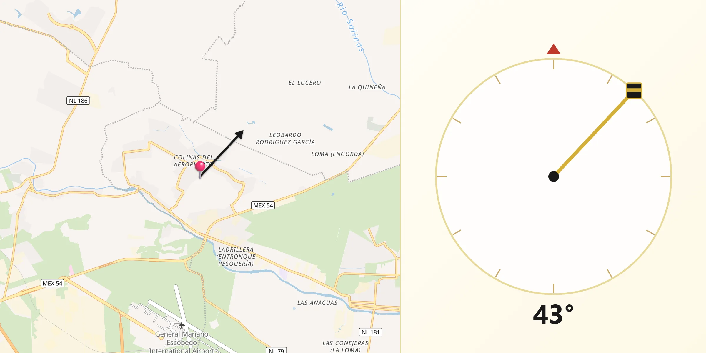 Dirección de la Qibla desde Colinas del Aeropuerto