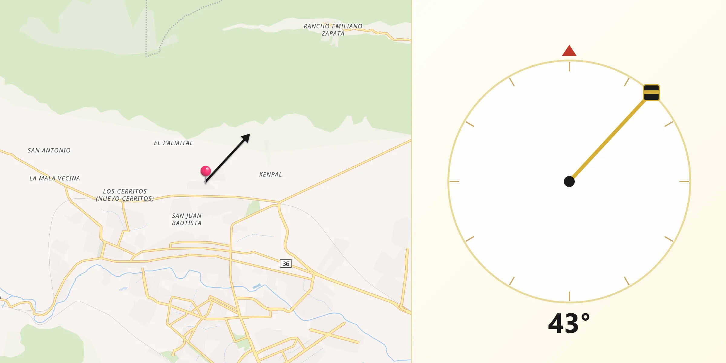 Dirección de la Qibla desde El Palmital