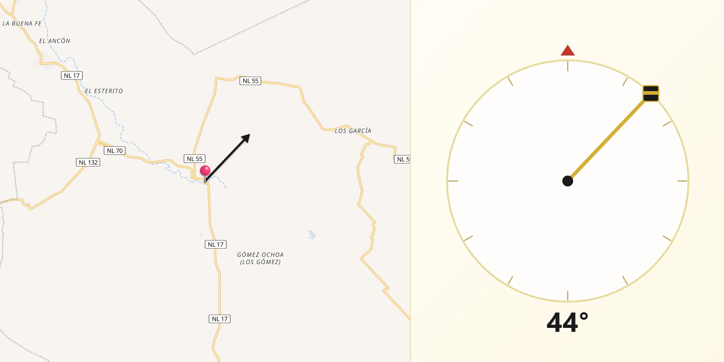 Dirección de la Qibla desde Garza González