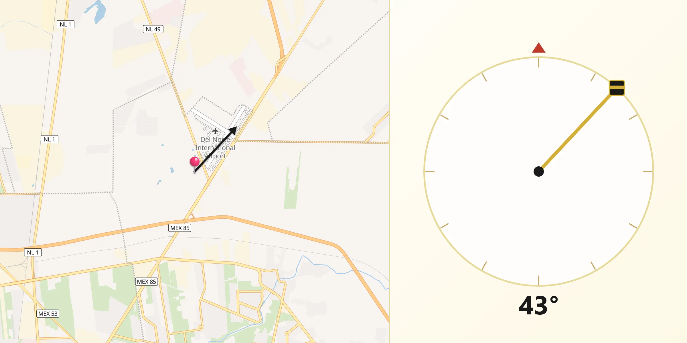 Dirección de la Qibla desde Entronque Laredo-Salinas Victoria