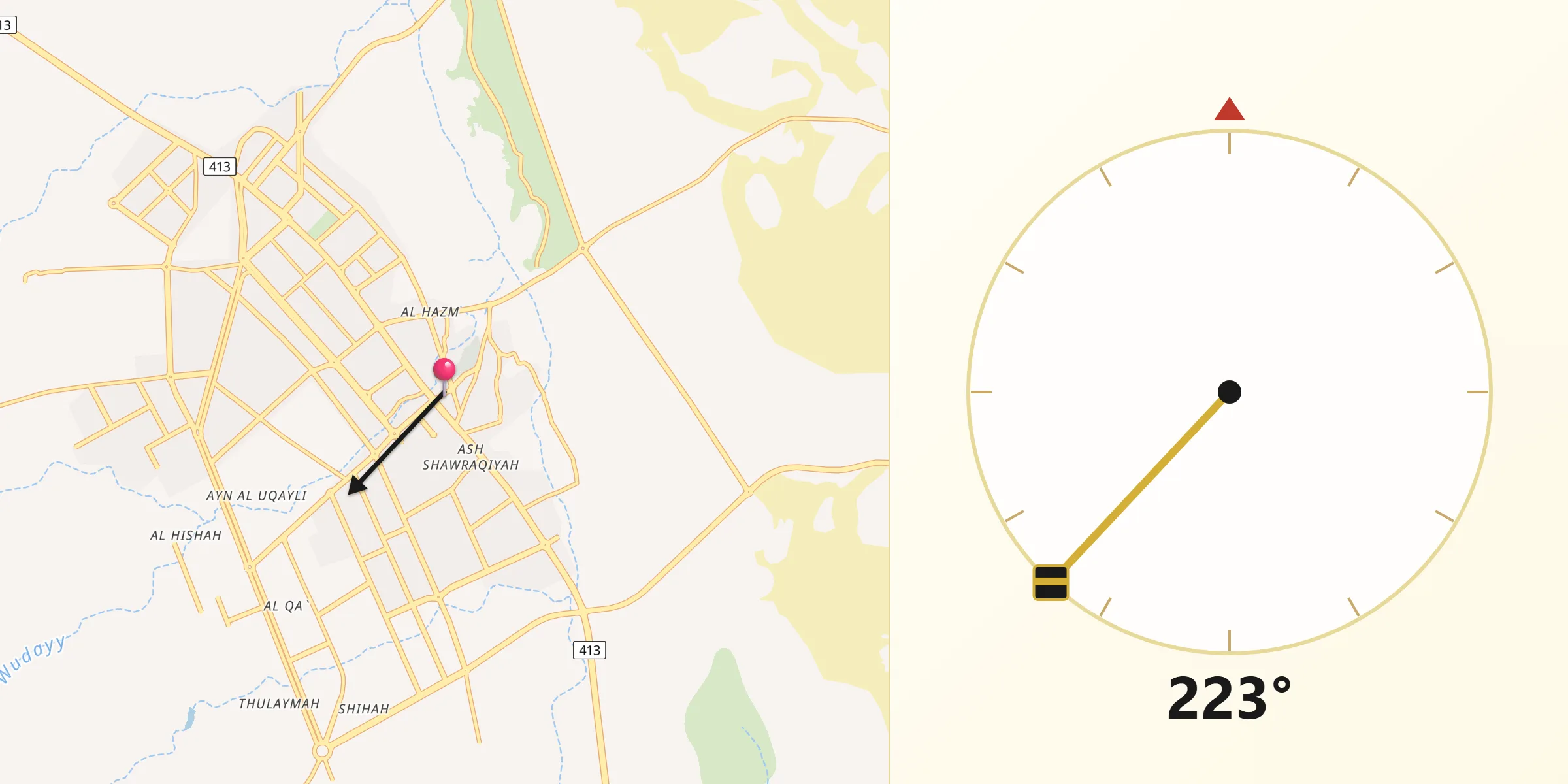 Direction vers la Qibla depuis Al Mithnab
