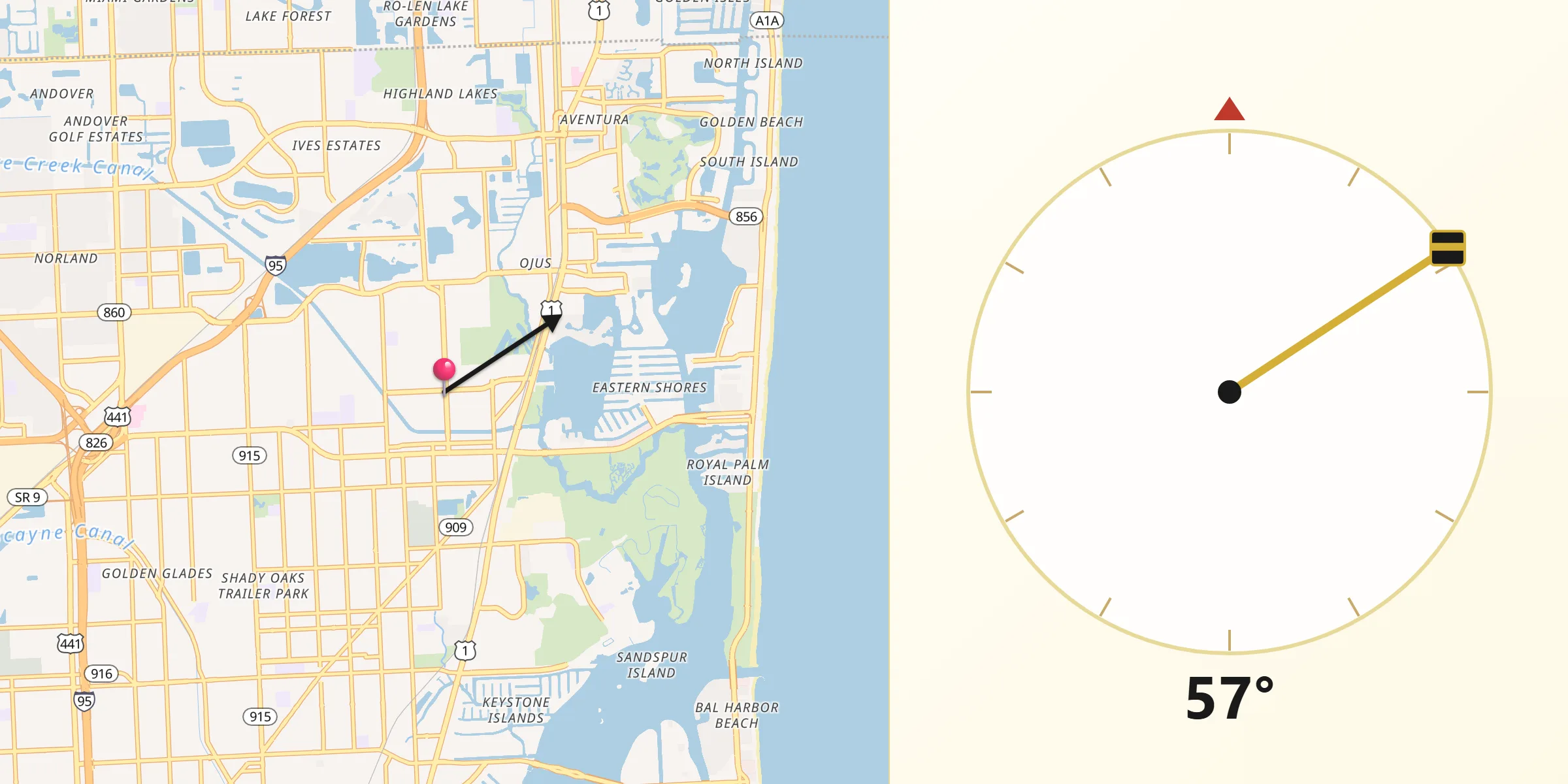 Qibla Direction from North Miami Beach