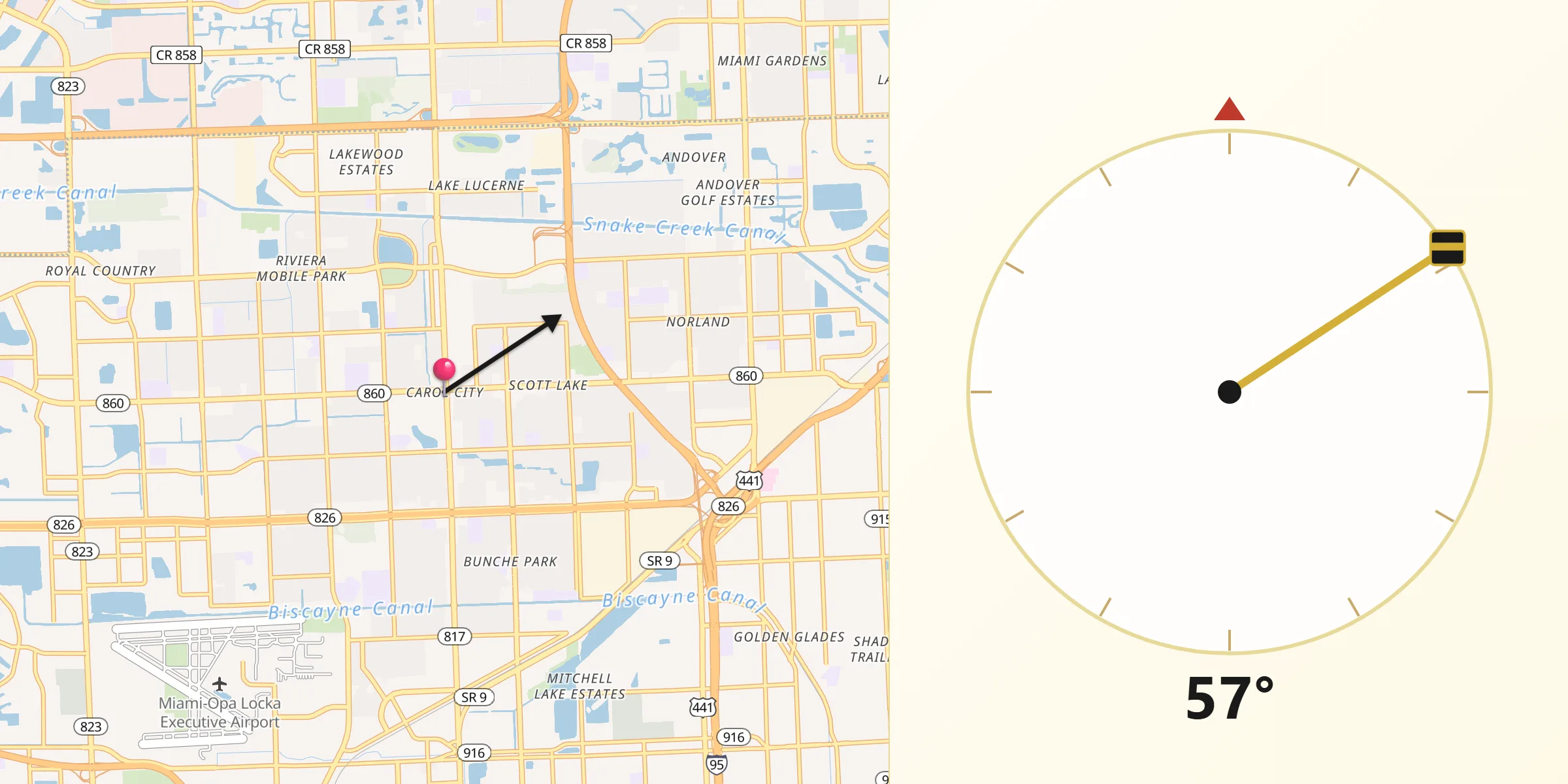 Qibla Direction from Carol City