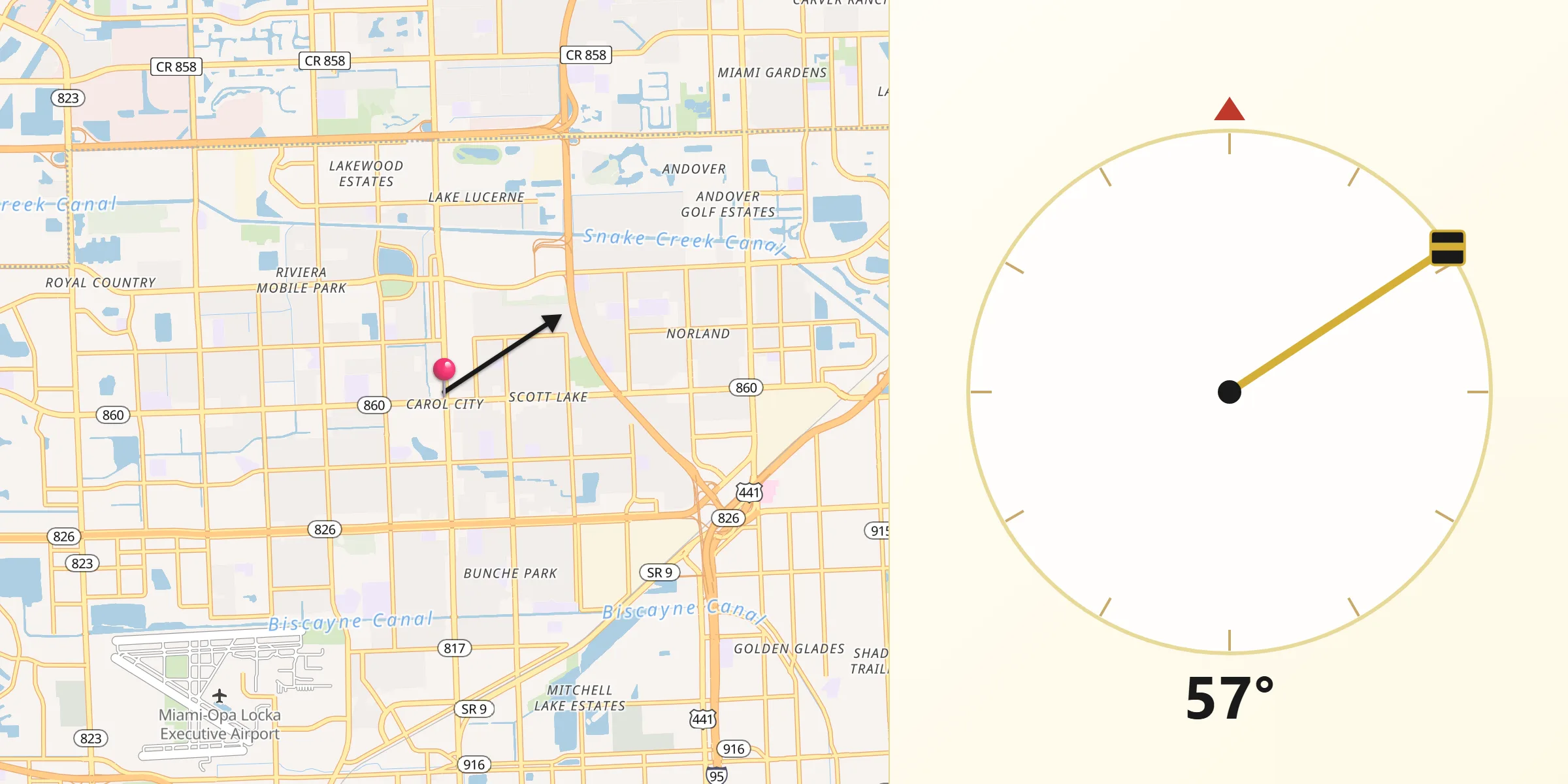 Dirección de la Qibla desde Miami Gardens