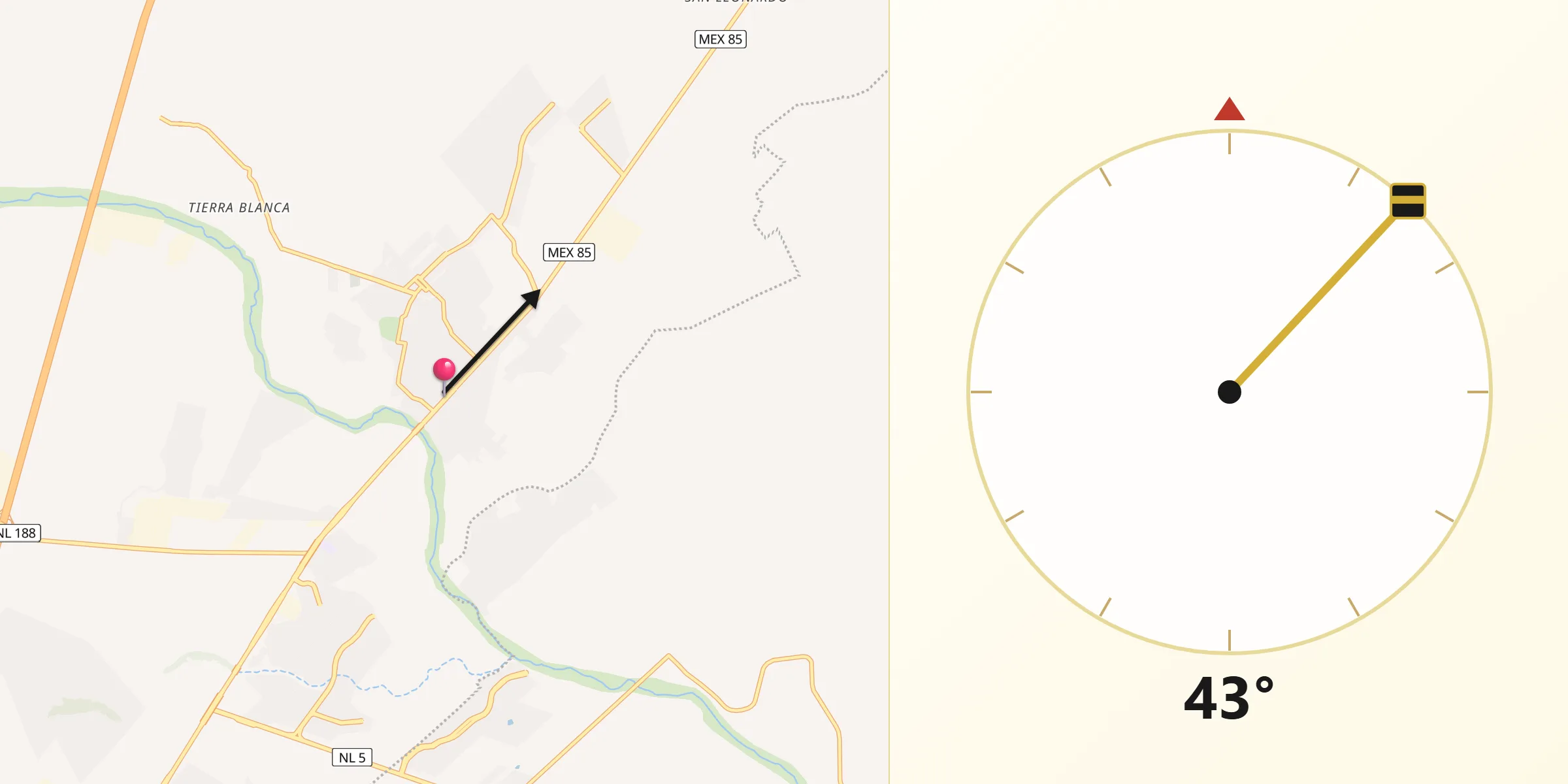 Dirección de la Qibla desde Ciénega de Flores