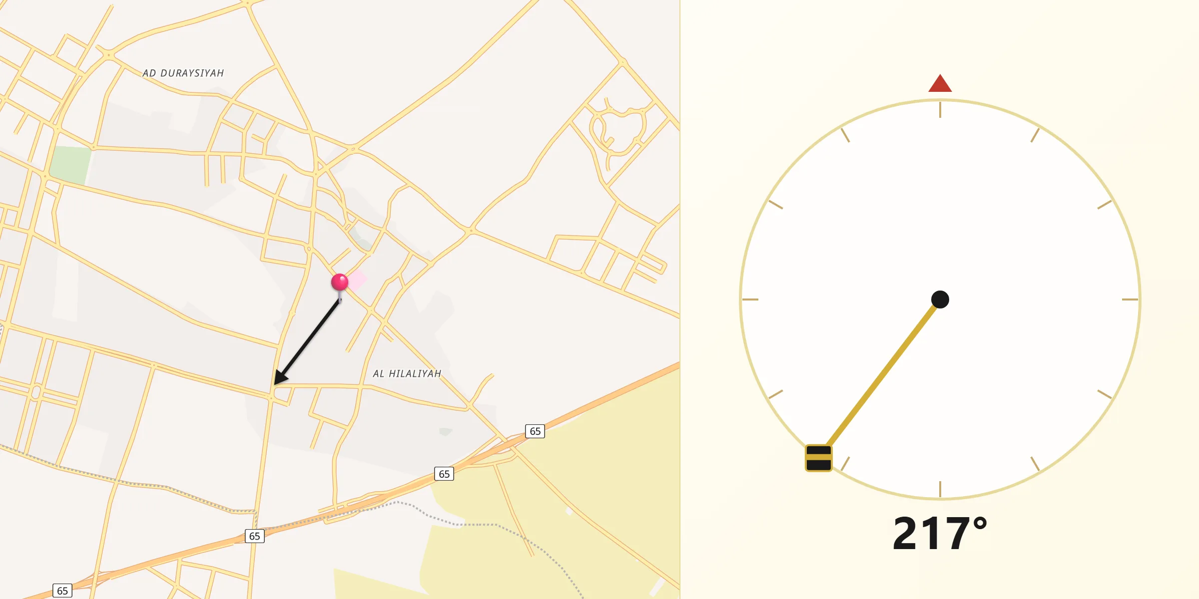 Direction vers la Qibla depuis Al Bukayrīyah