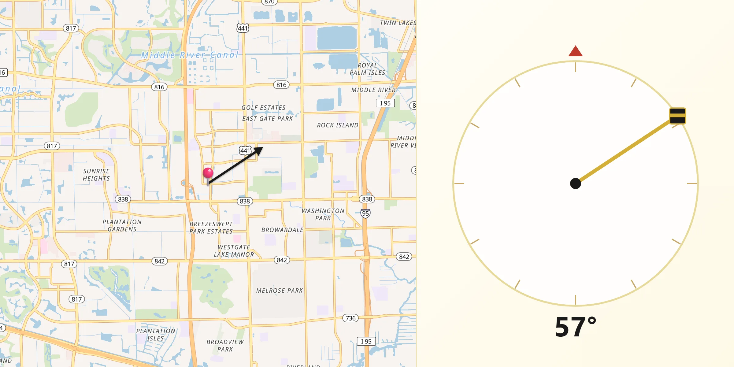 Qibla Direction from Lauderhill