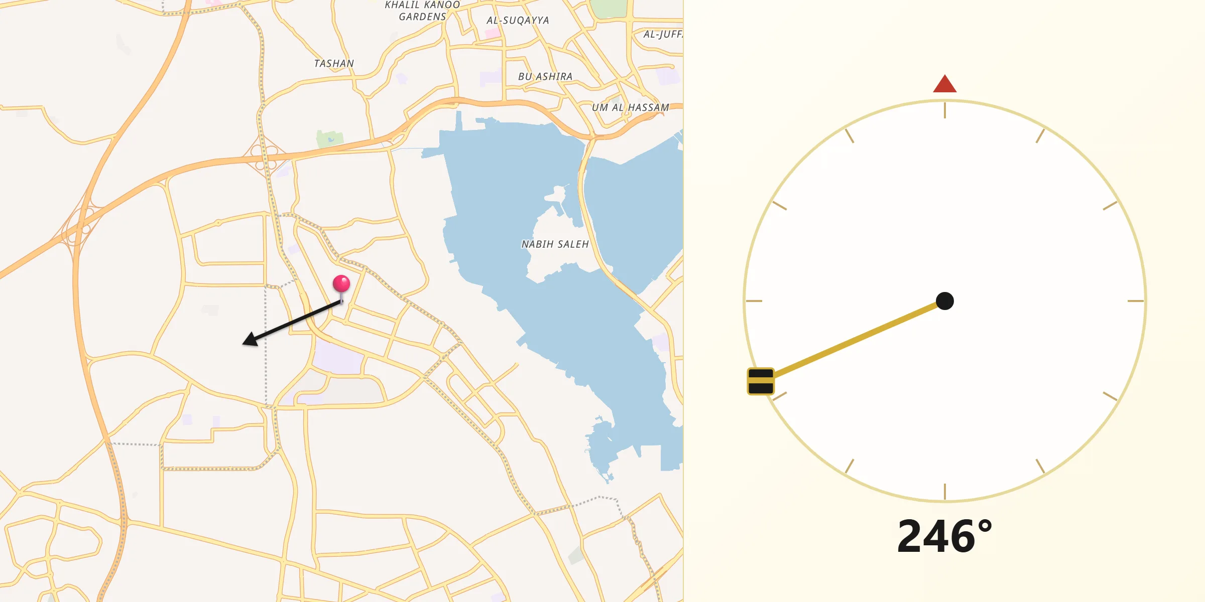 Direction vers la Qibla depuis Madinat 'Isa