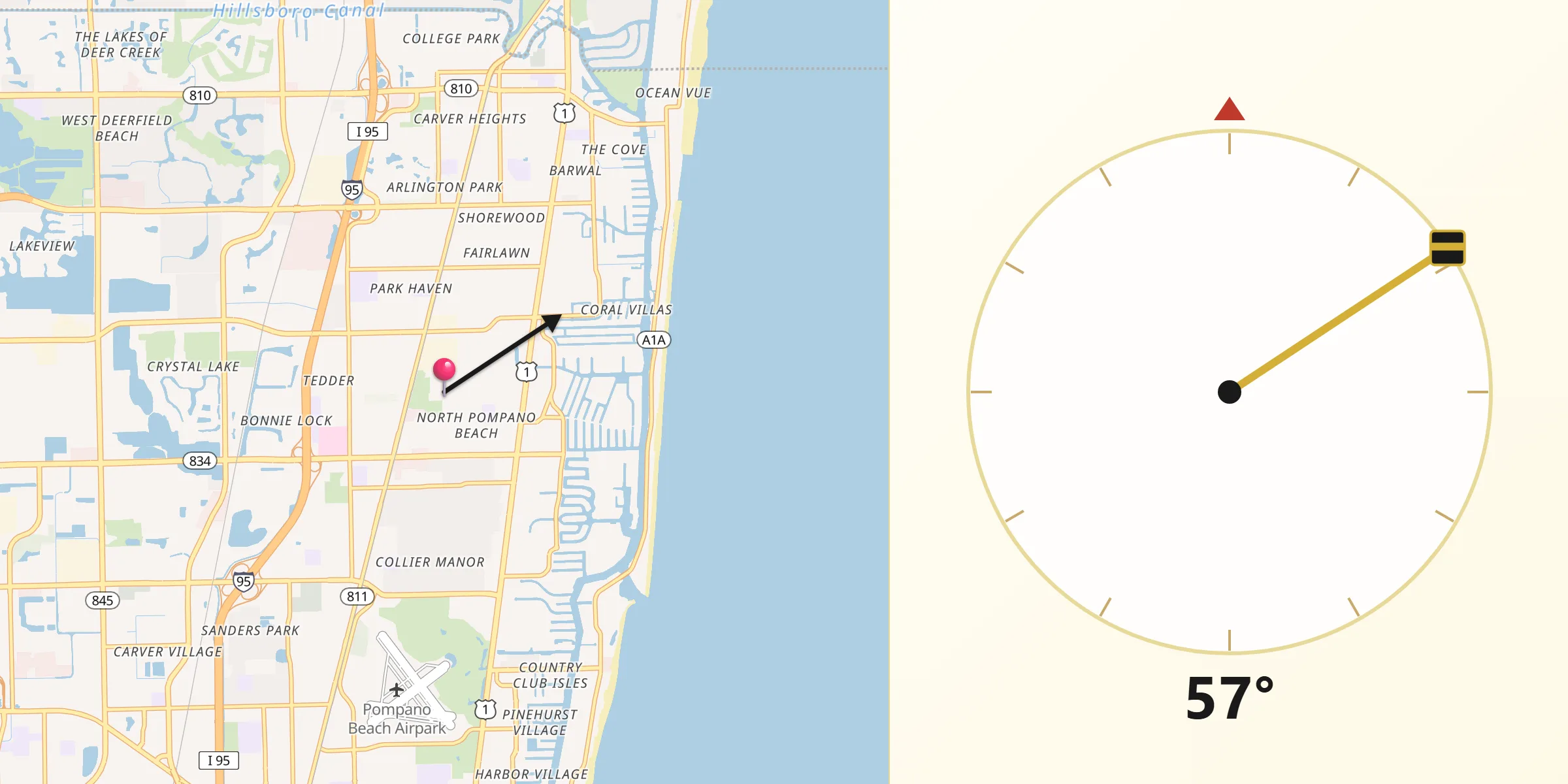 Qibla Direction from Pompano Beach Highlands