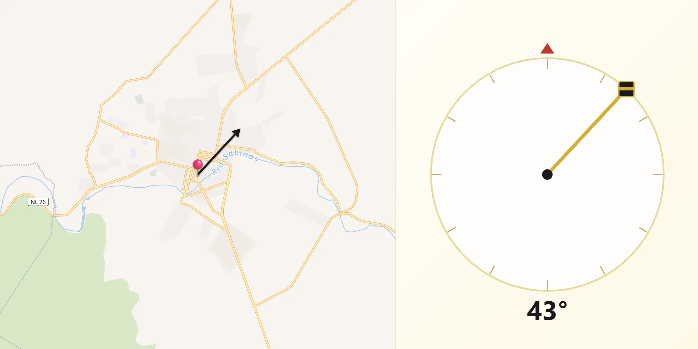 Dirección de la Qibla desde Sabinas Hidalgo