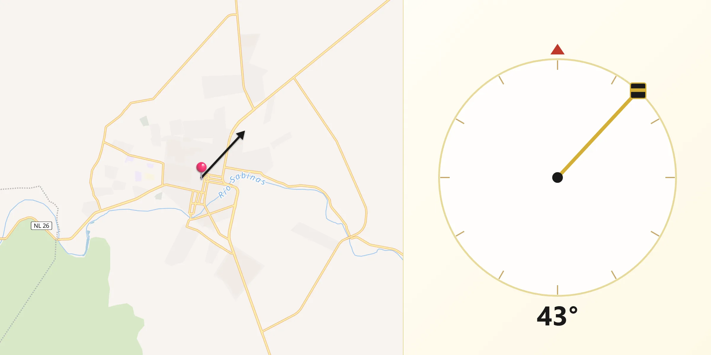 Dirección de la Qibla desde Ciudad Sabinas Hidalgo