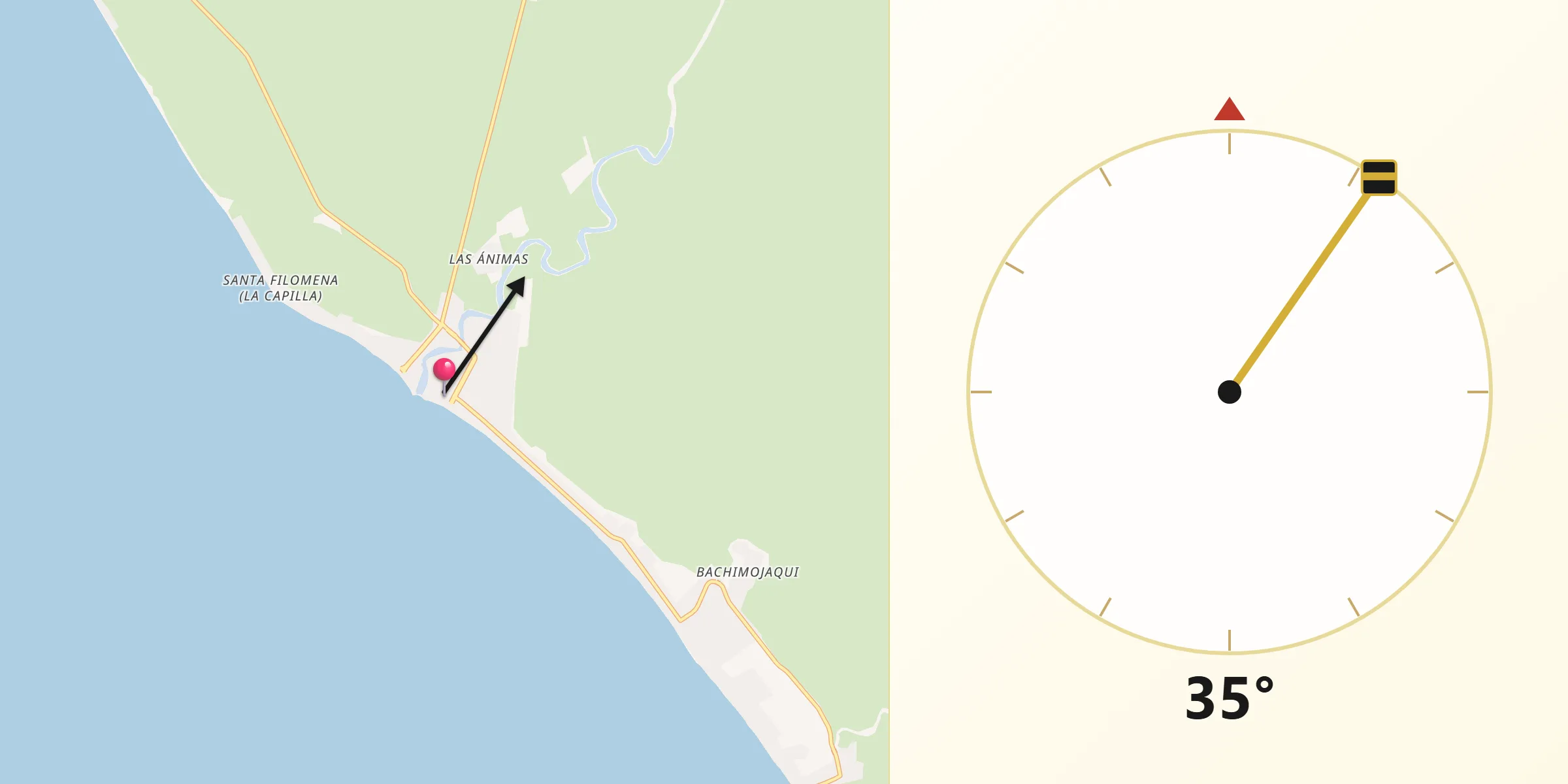 Dirección de la Qibla desde Las Bocas