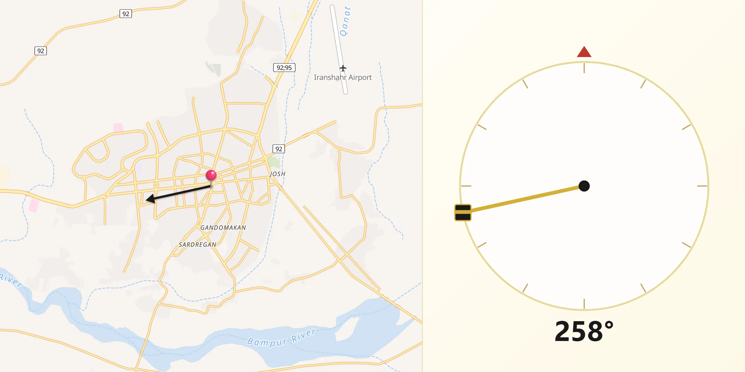 Direction vers la Qibla depuis Iranshahr