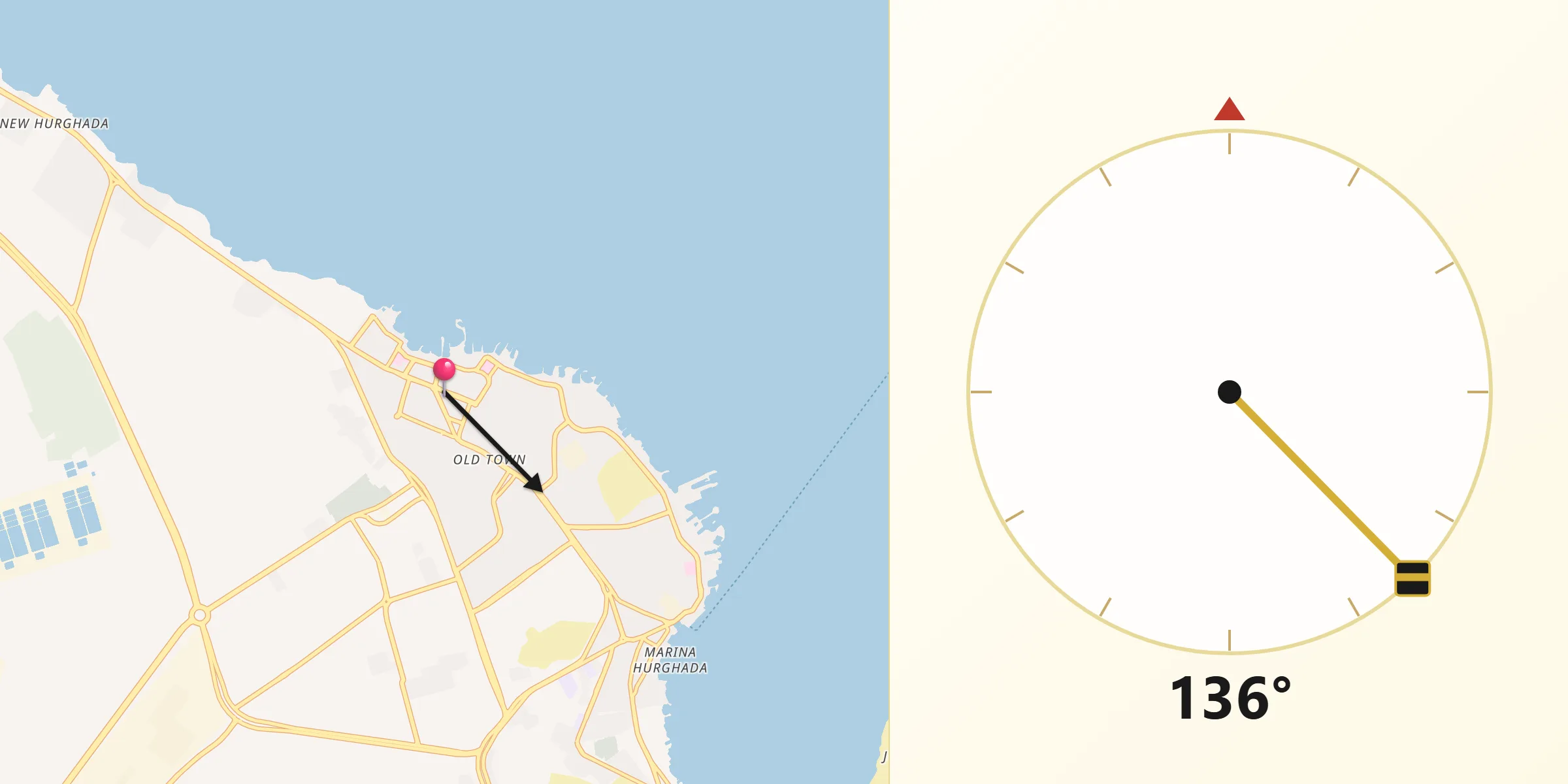 Direction vers la Qibla depuis Hurghada
