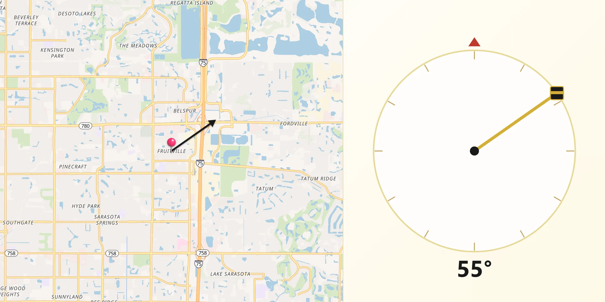 Qibla Direction from Fruitville