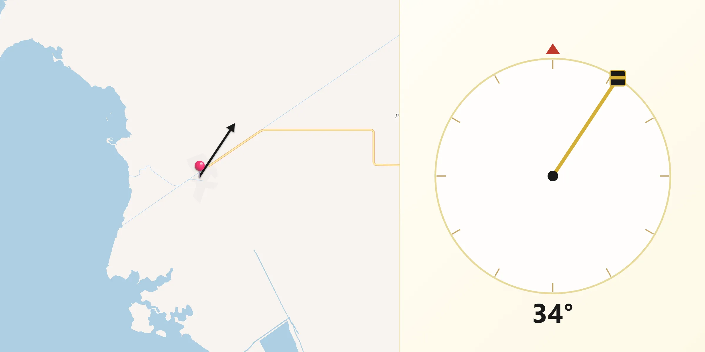 Dirección de la Qibla desde Bahía de Lobos