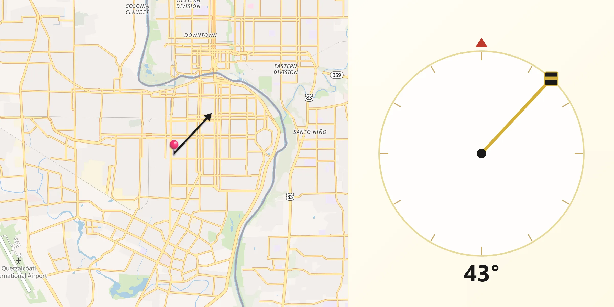 Dirección de la Qibla desde Nuevo Laredo