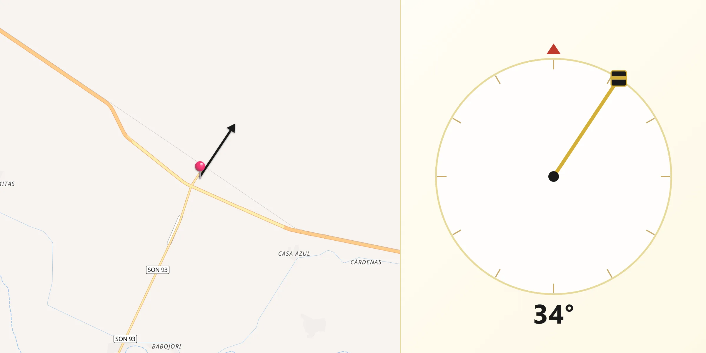 Dirección de la Qibla desde Vicam
