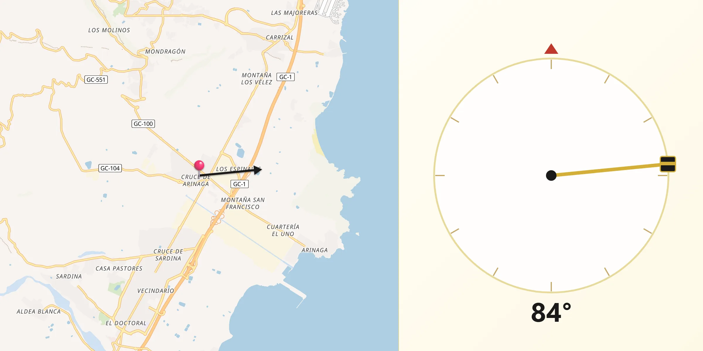 Dirección de la Qibla desde Cruce de Arinaga