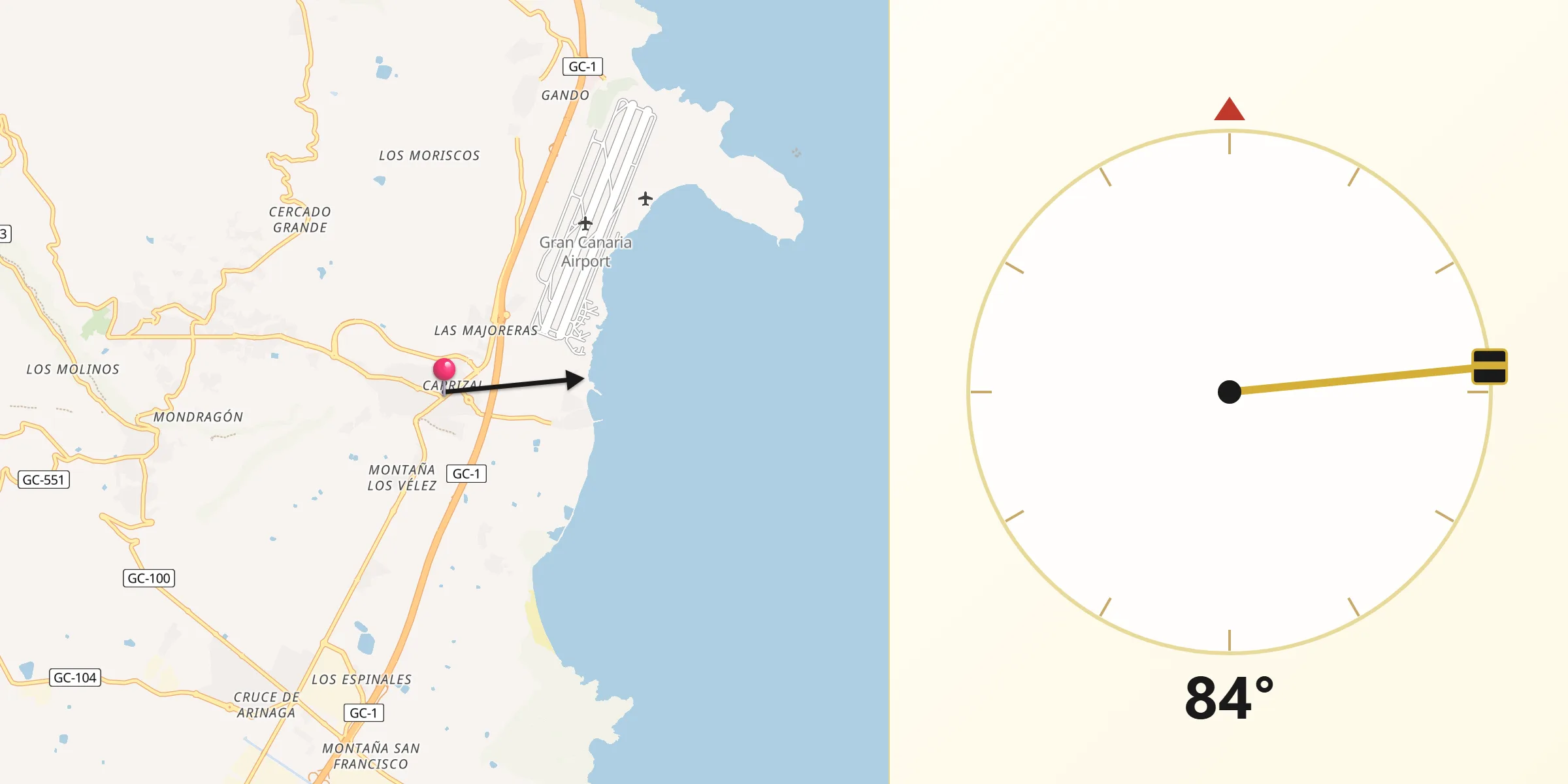 Dirección de la Qibla desde Carrizal de Ingenio