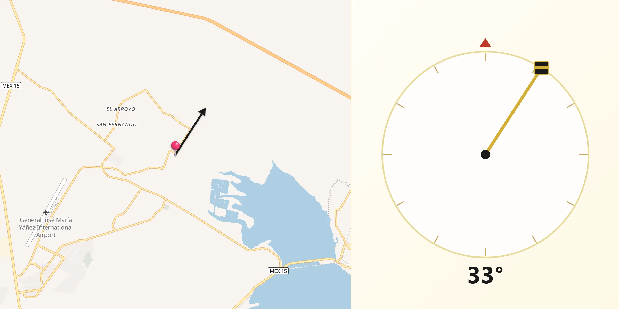 Dirección de la Qibla desde San José de Guaymas