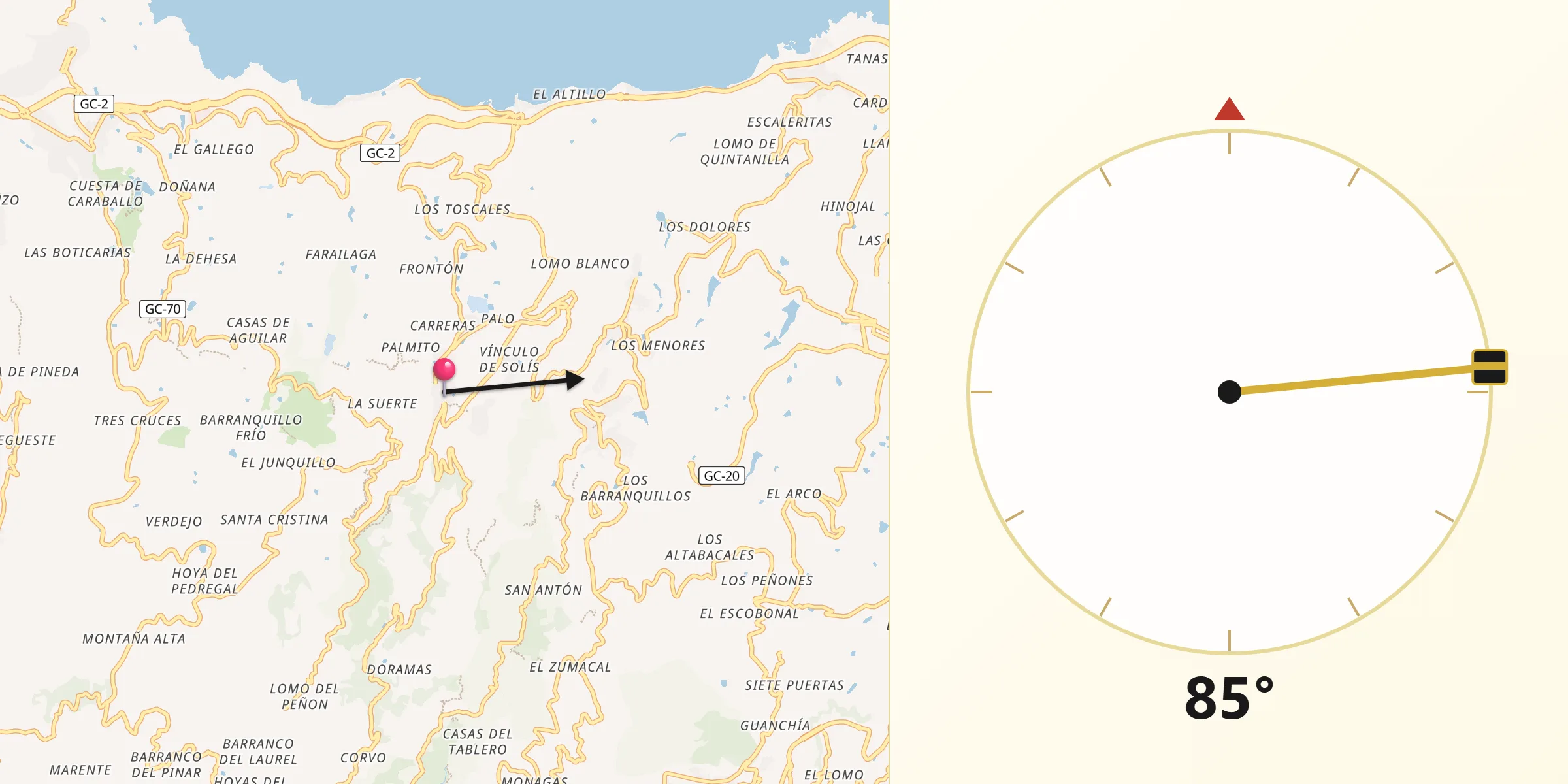 Dirección de la Qibla desde Moya