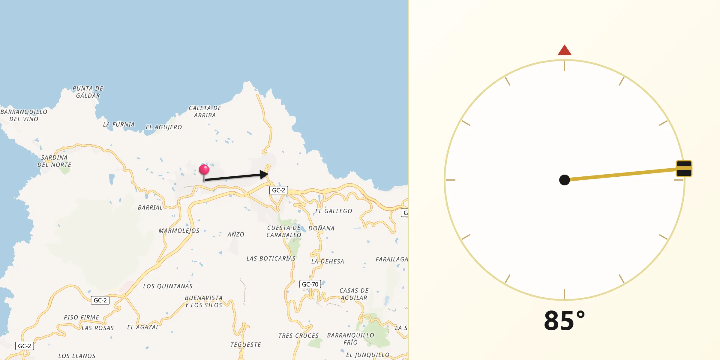 Dirección de la Qibla desde Gáldar