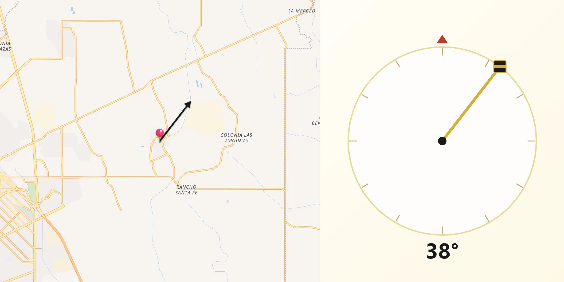 Dirección de la Qibla desde Colonia Abraham González (La Quemada)