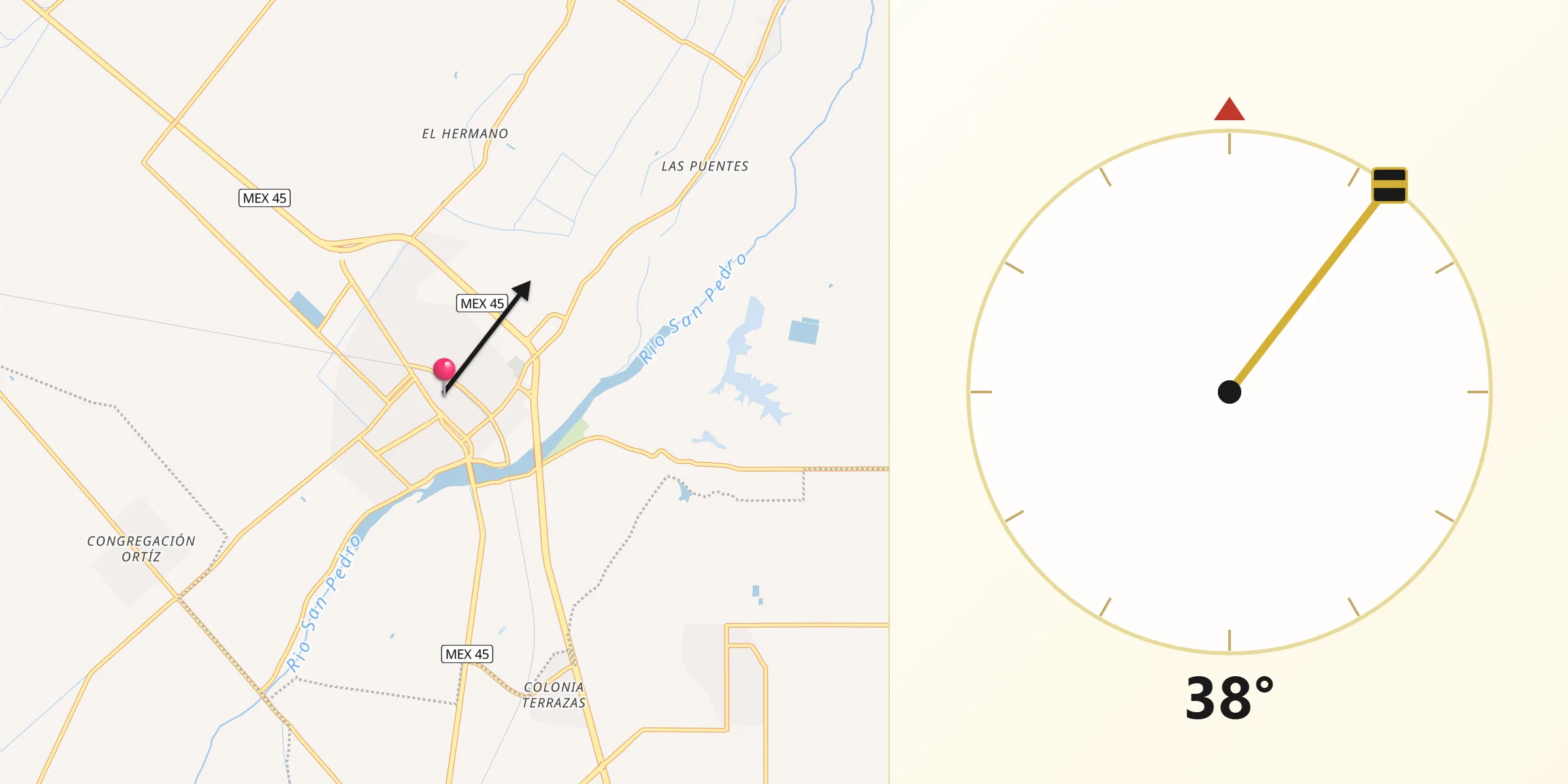 Dirección de la Qibla desde Meoqui