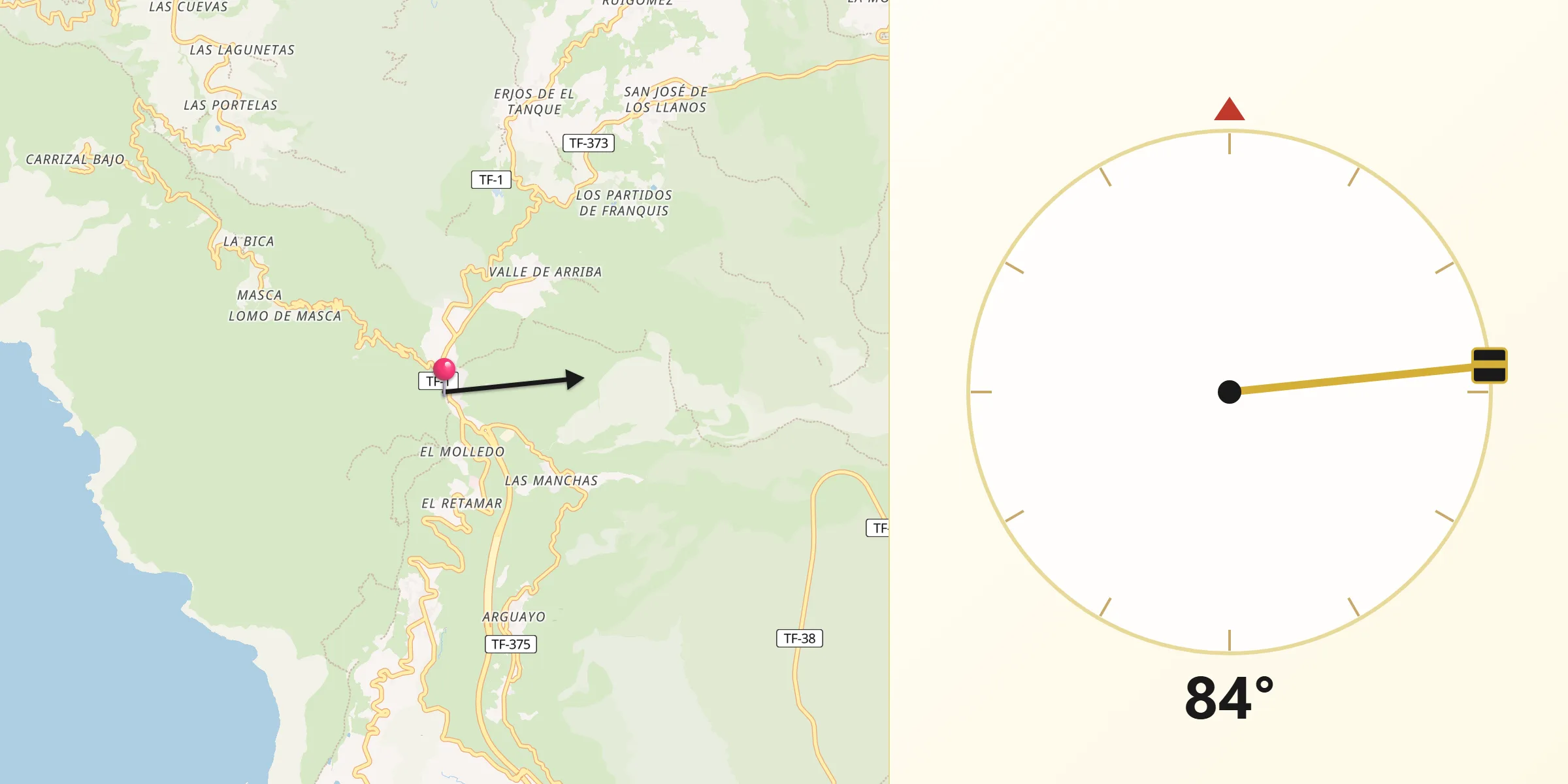Dirección de la Qibla desde Santiago del Teide