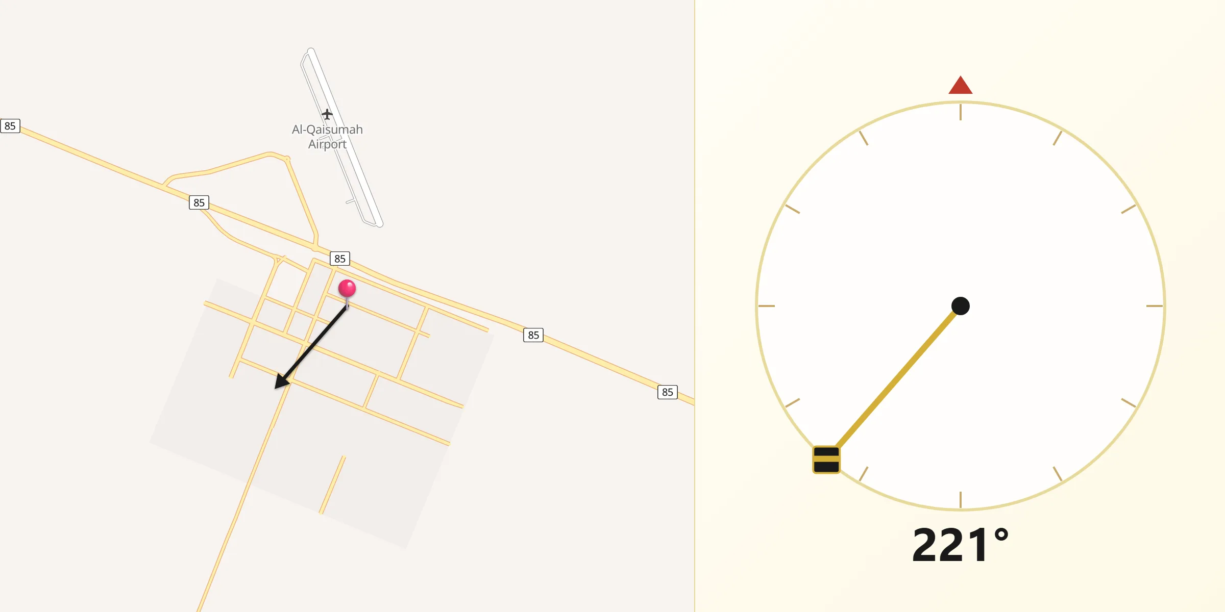 Direction vers la Qibla depuis Qaisumah