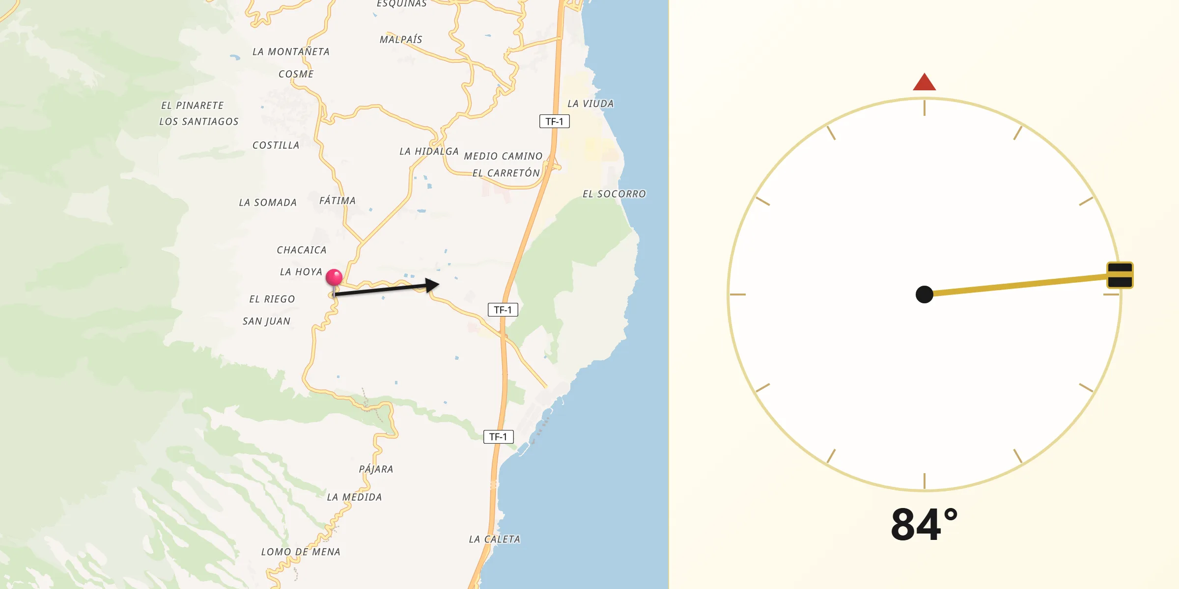 Dirección de la Qibla desde Güimar