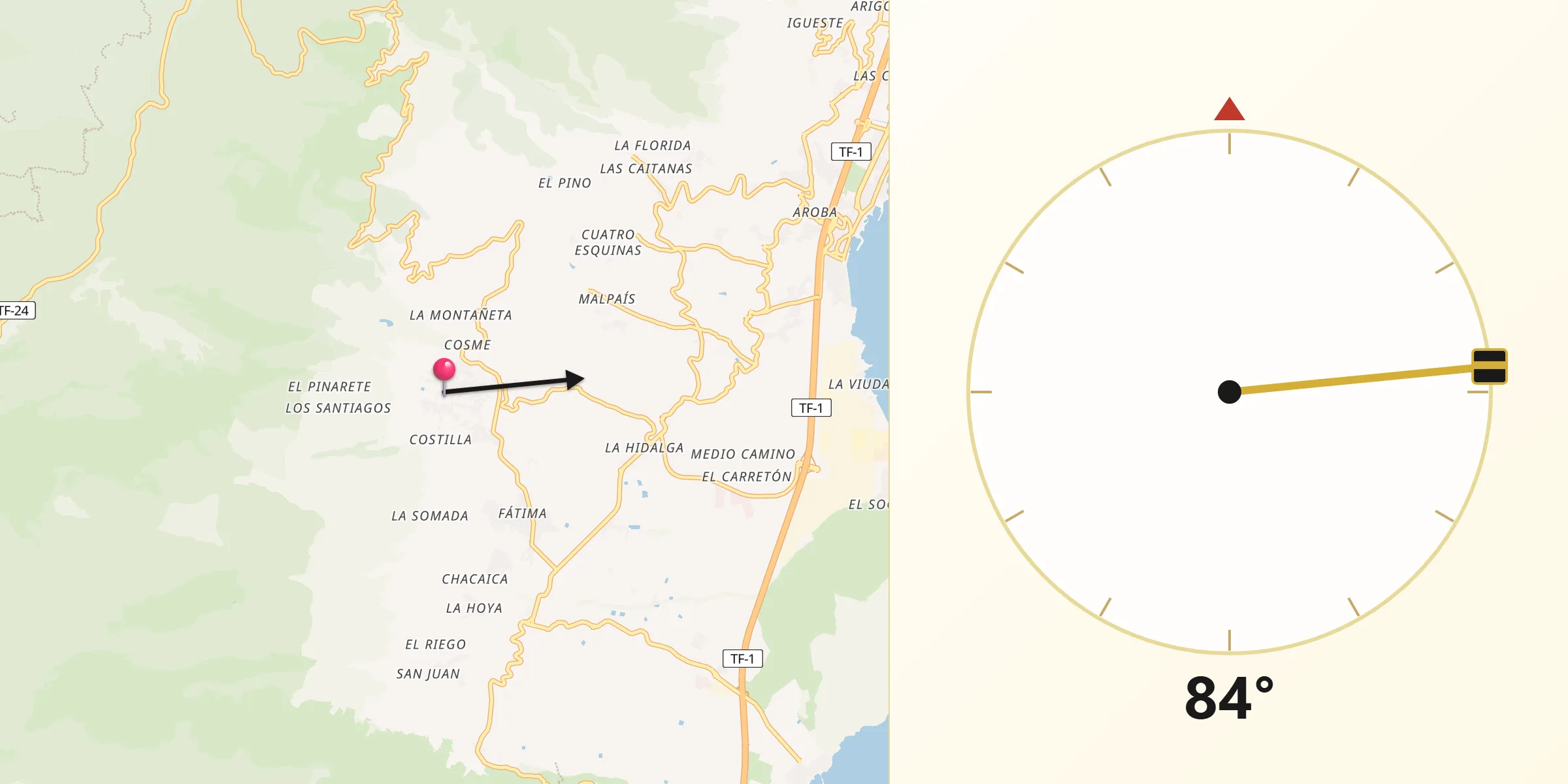 Dirección de la Qibla desde Arafo