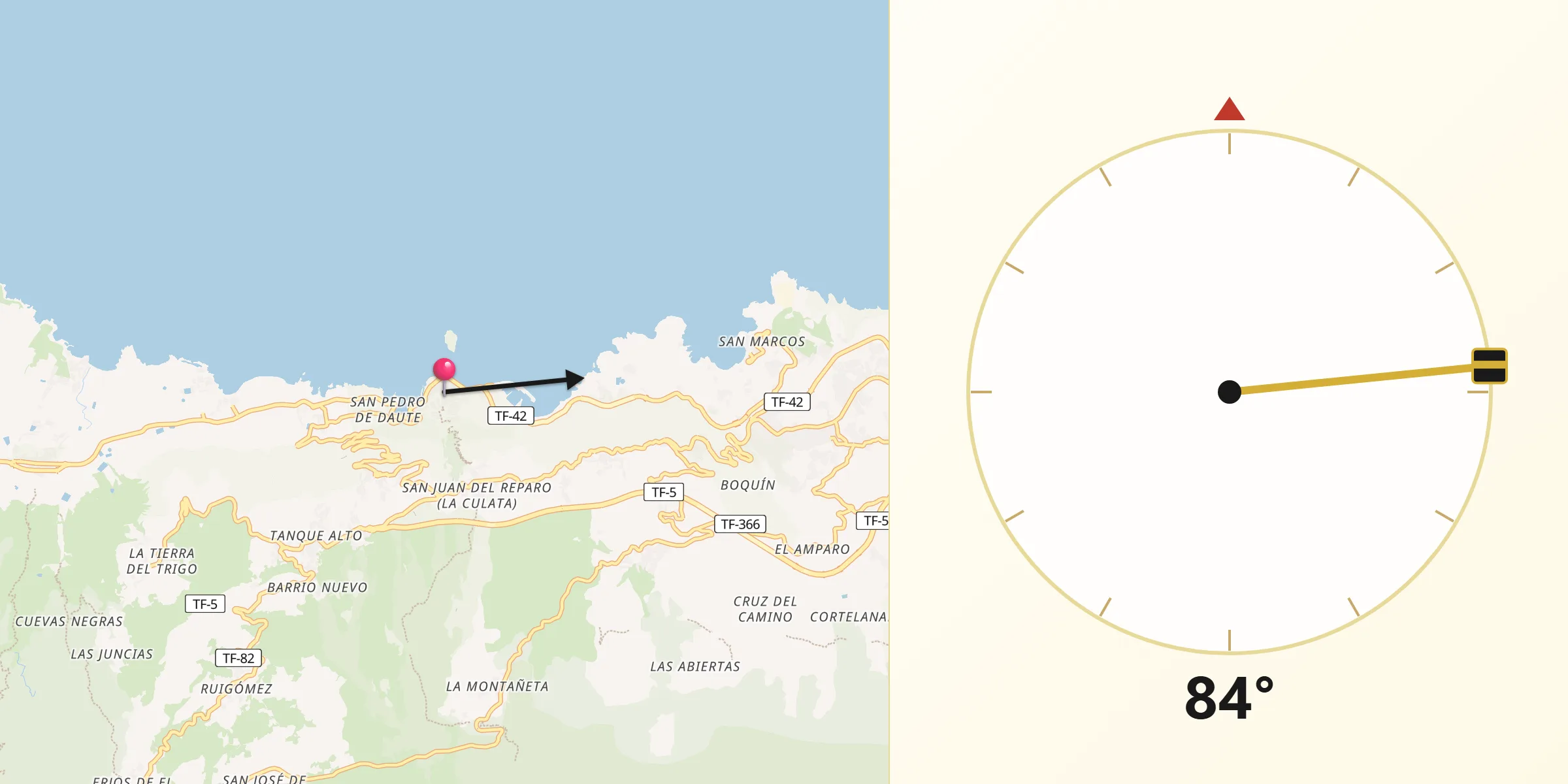 Dirección de la Qibla desde Garachico