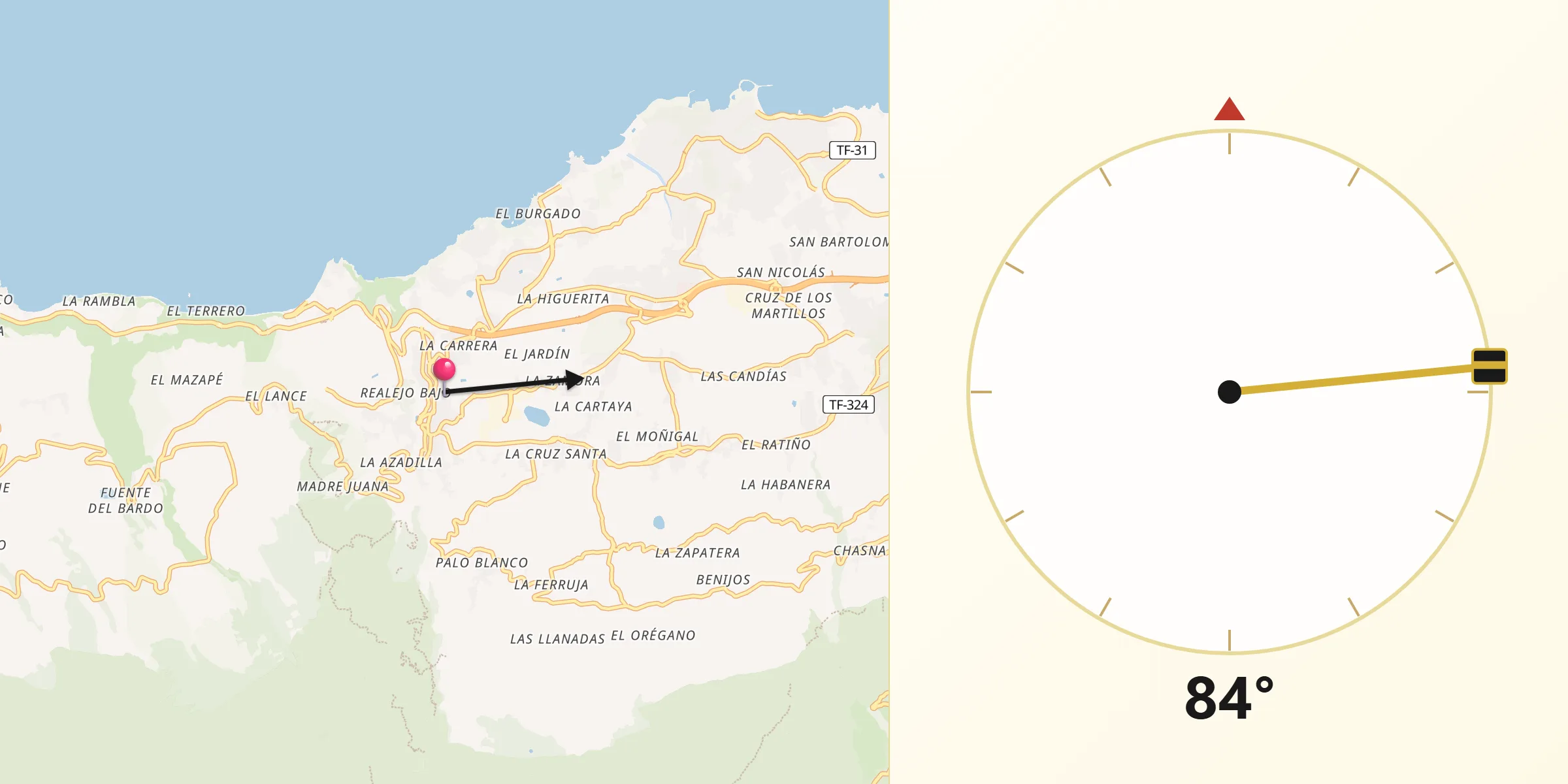 Dirección de la Qibla desde Los Realejos