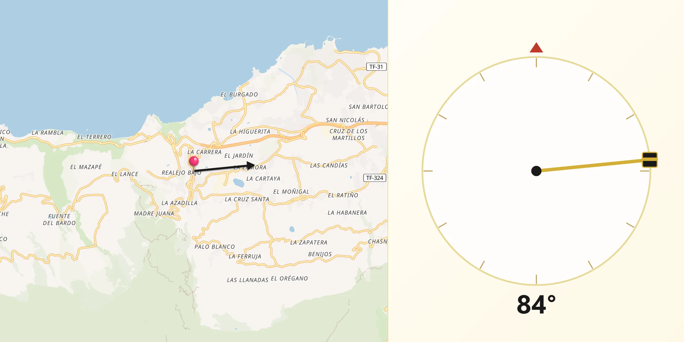 Dirección de la Qibla desde Realejos Los